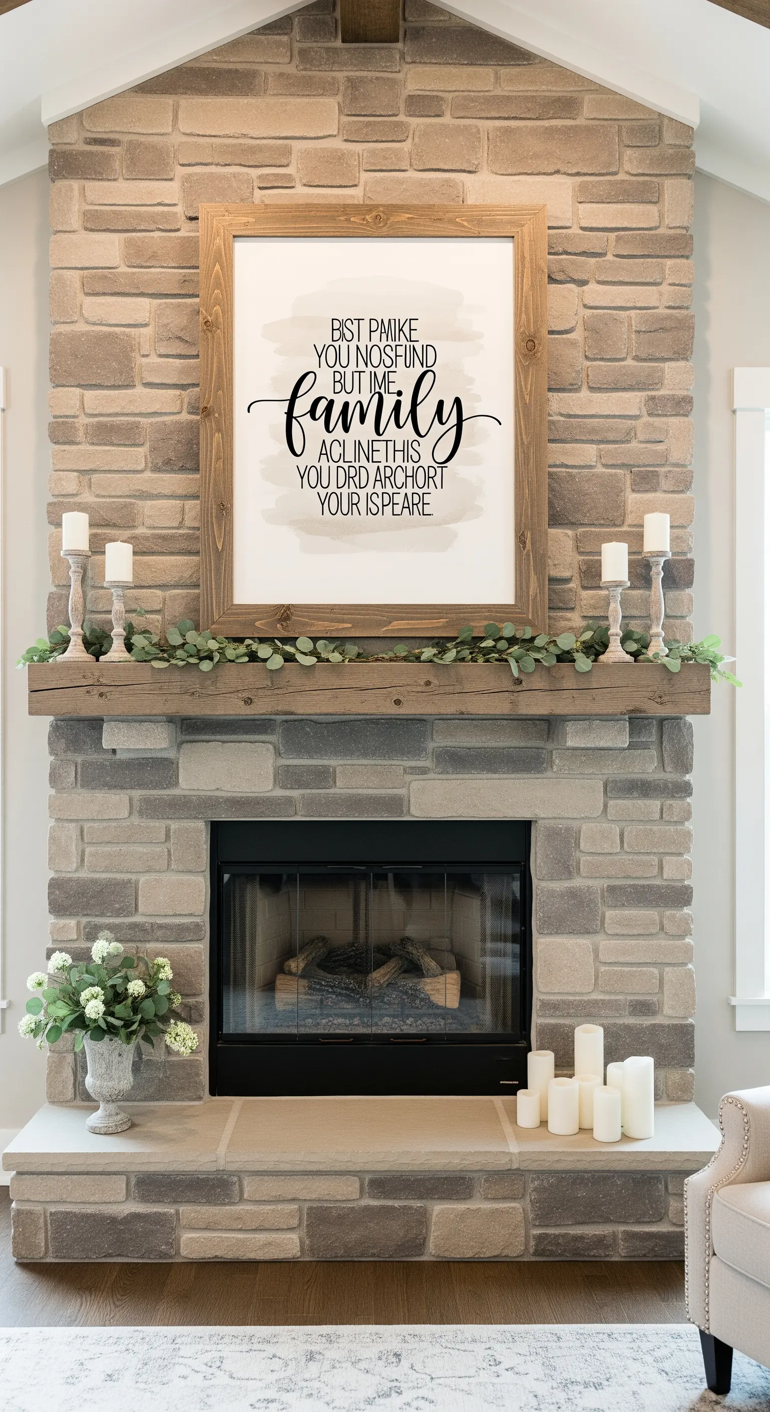 Grande quadro in stile farmhouse con citazione sulla famiglia, appeso sopra un camino in pietra.
