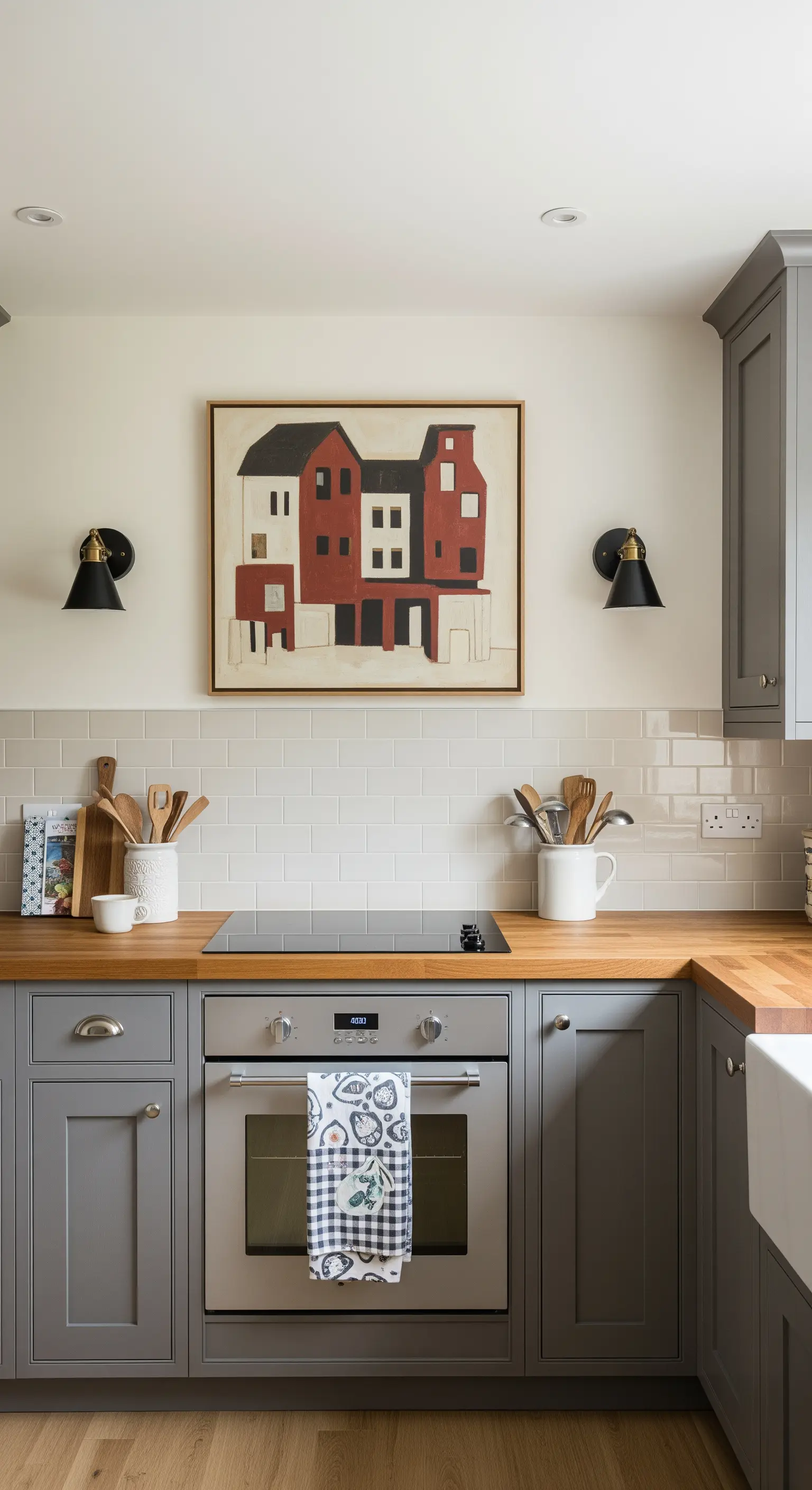 Cucina in stile farmhouse grigia con un quadro di case stilizzate tra due applique.