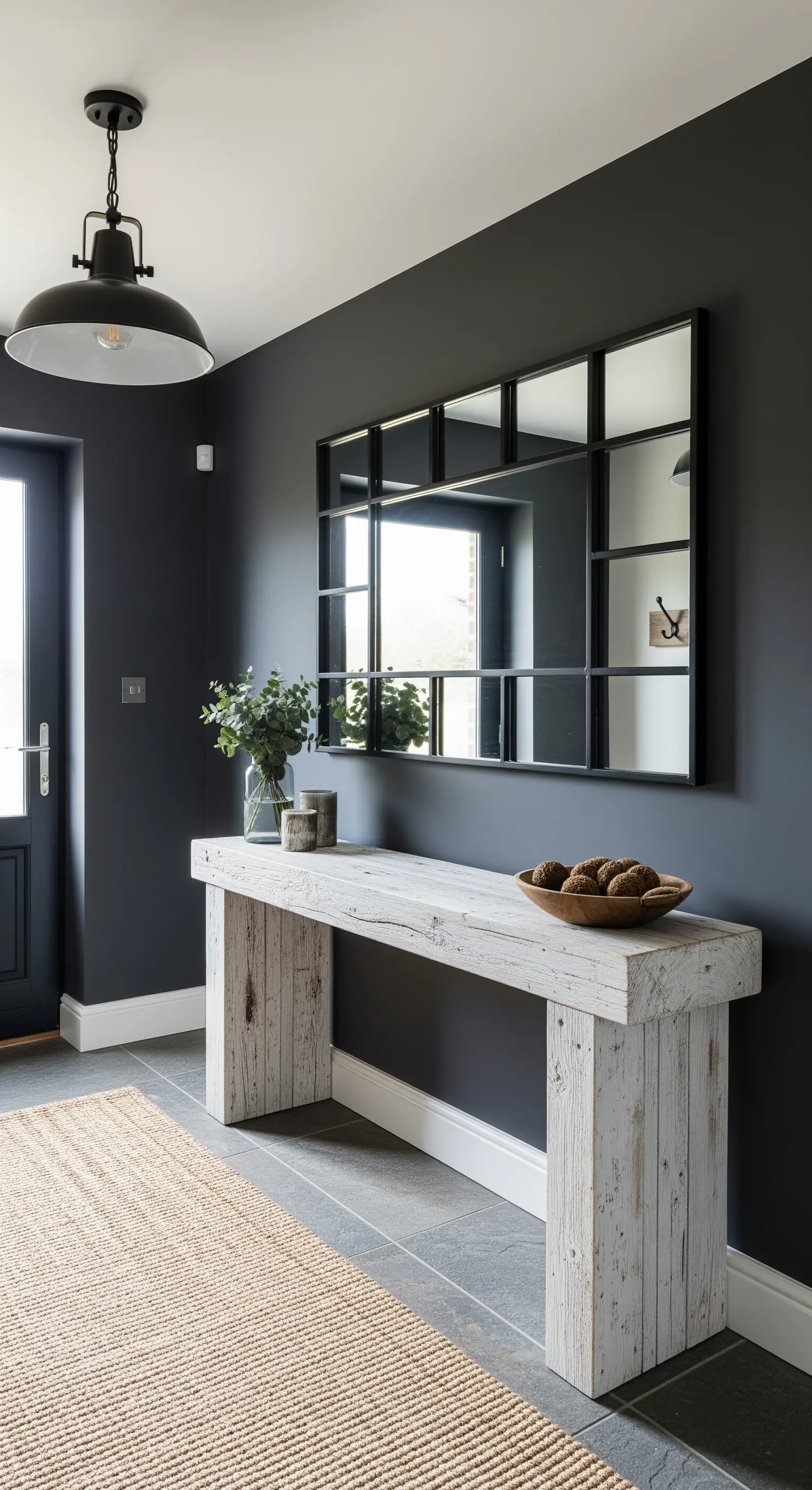 Ingresso con parete grigio scuro, consolle in legno di recupero e specchio a finestra.