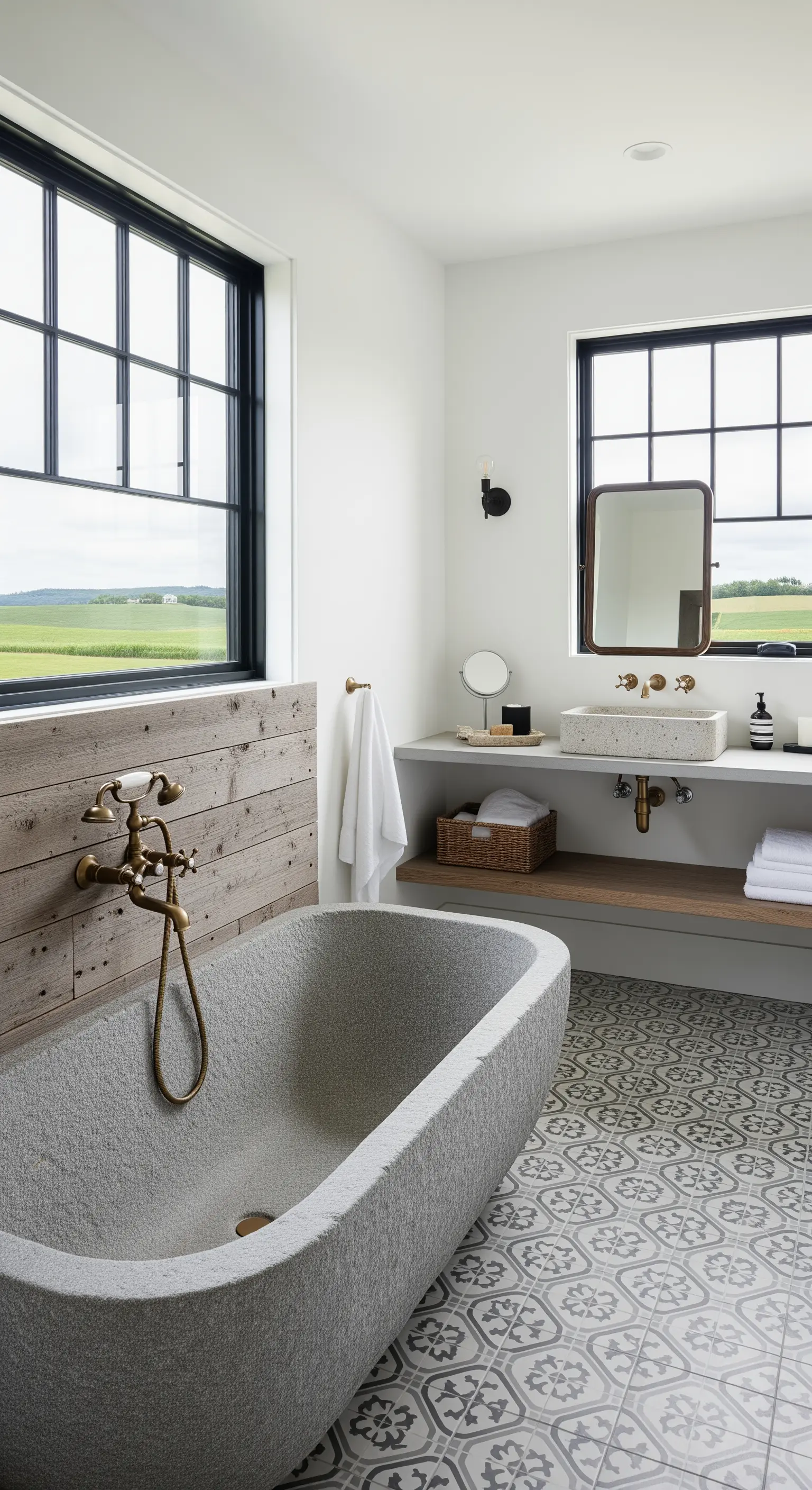 Vasca in granito grigio abbinata a una parete in legno di recupero e piastrelle decorate.