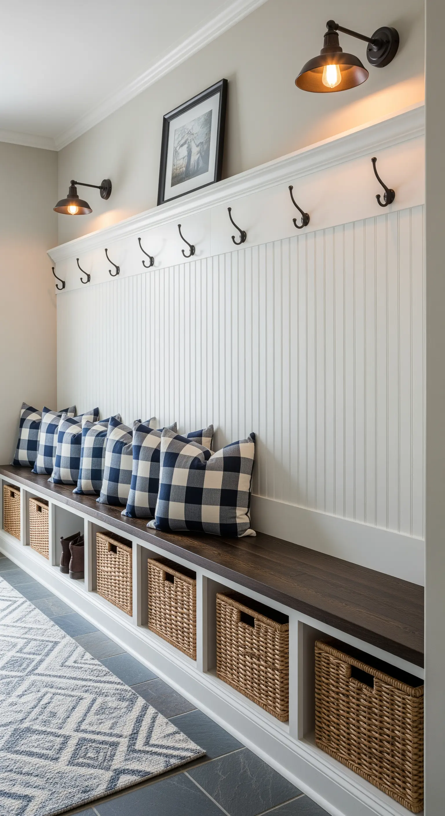 Lunga panca bianca con boiserie, cuscini a quadri e cesti in vimini per l'organizzazione.