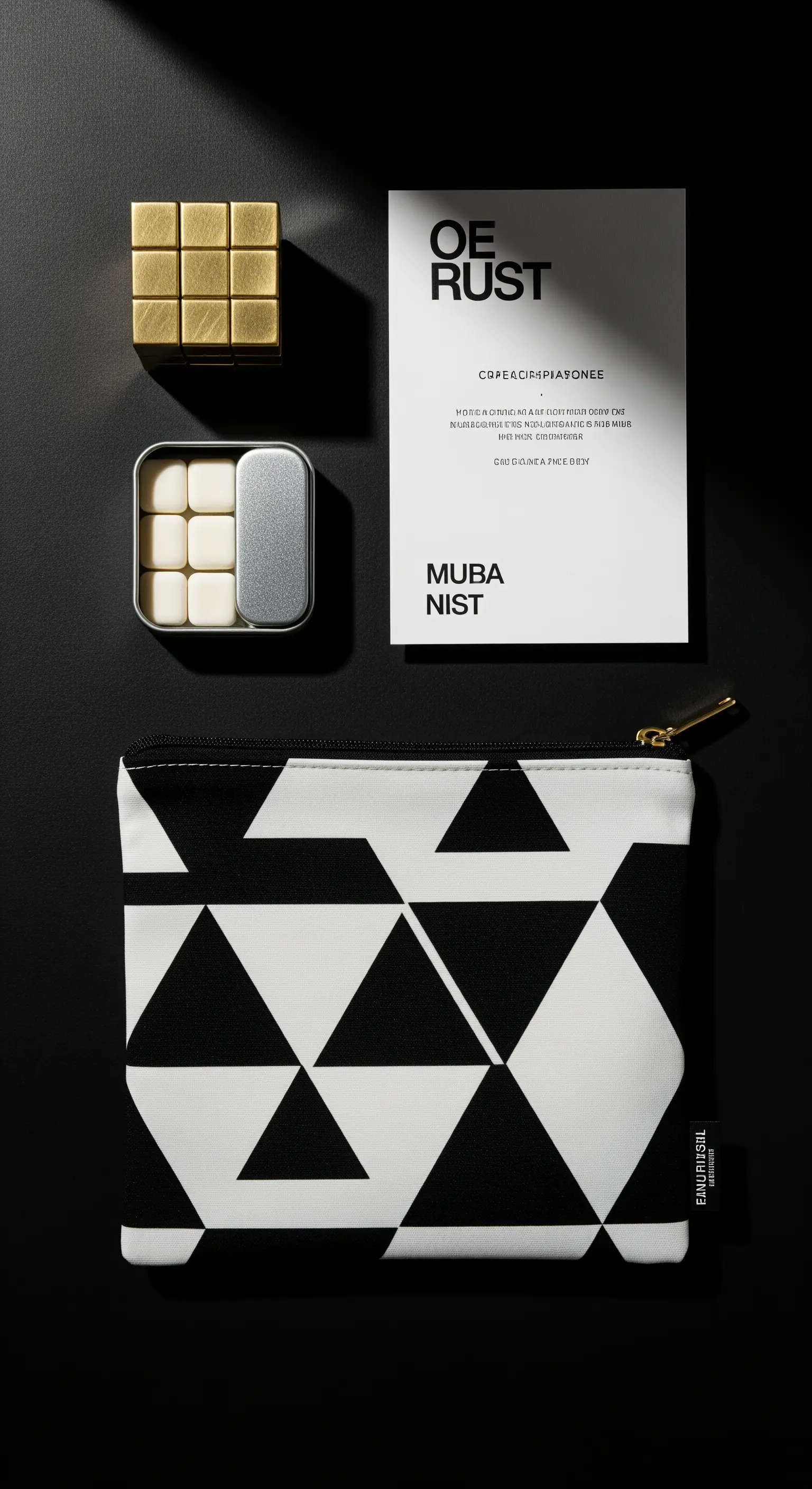 Pochette con motivo geometrico bianco e nero, un rompicapo dorato e mentine in scatola di latta.
