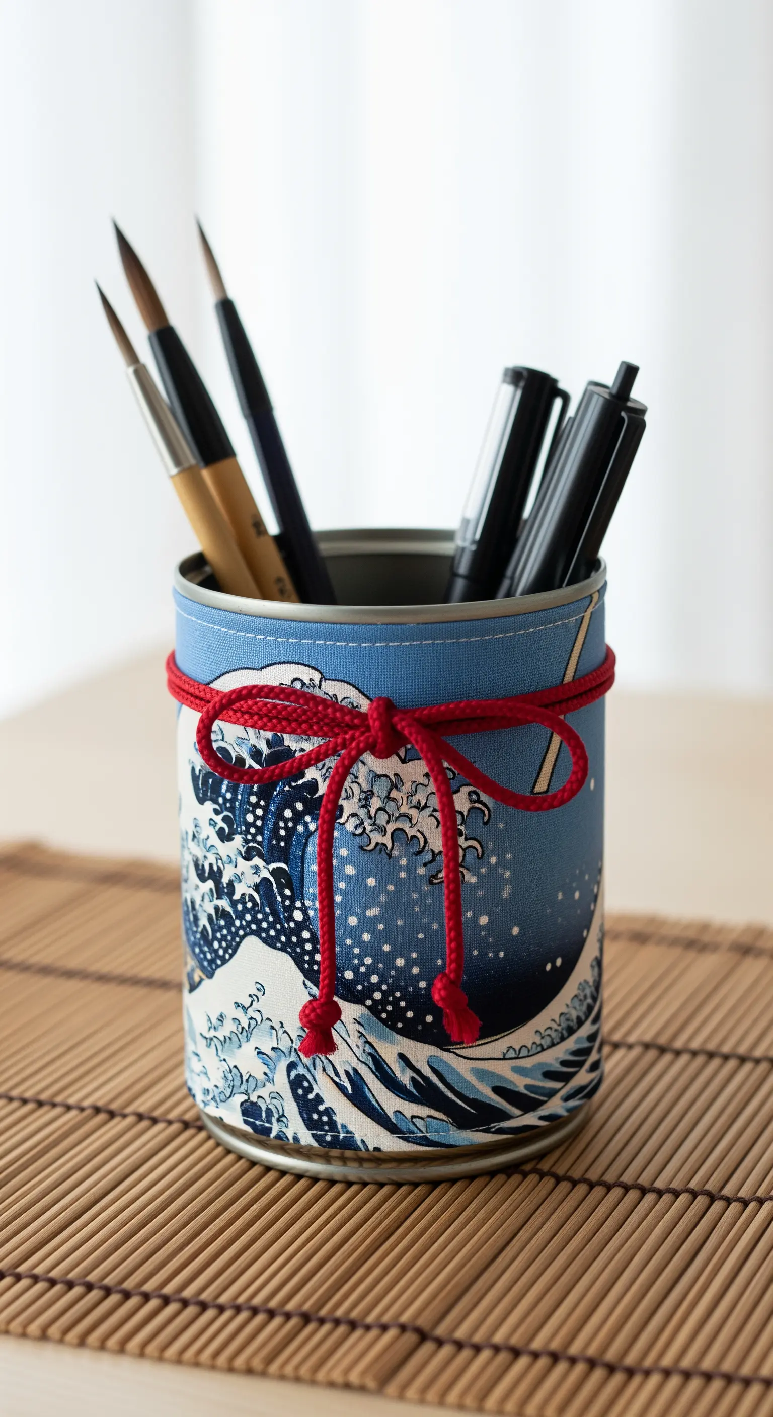 Portamatite rivestito con il tessuto della 'Grande Onda' di Hokusai e un cordino rosso.
