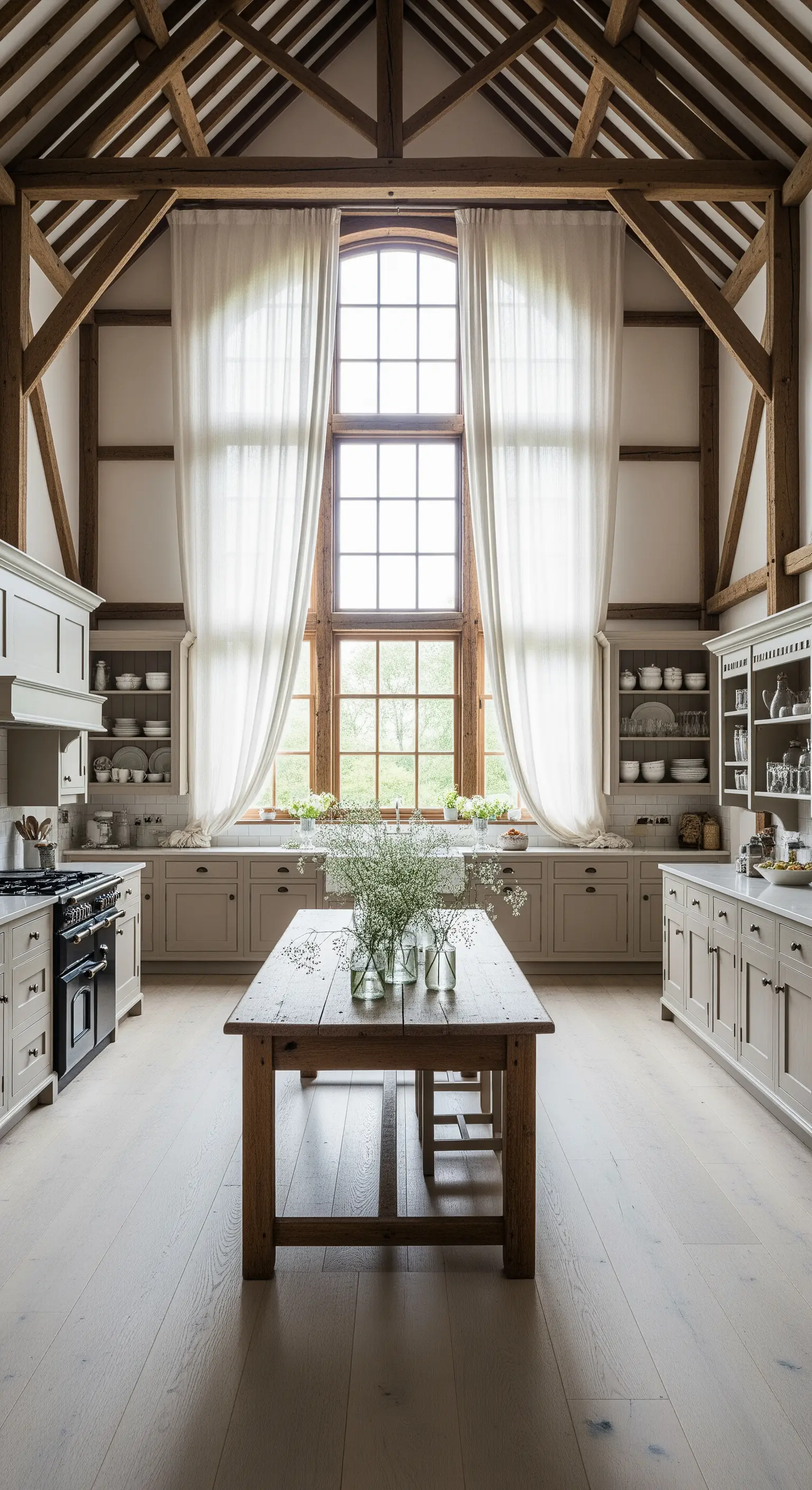 Ampia cucina in stile fienile con travi a vista e tende lunghe.