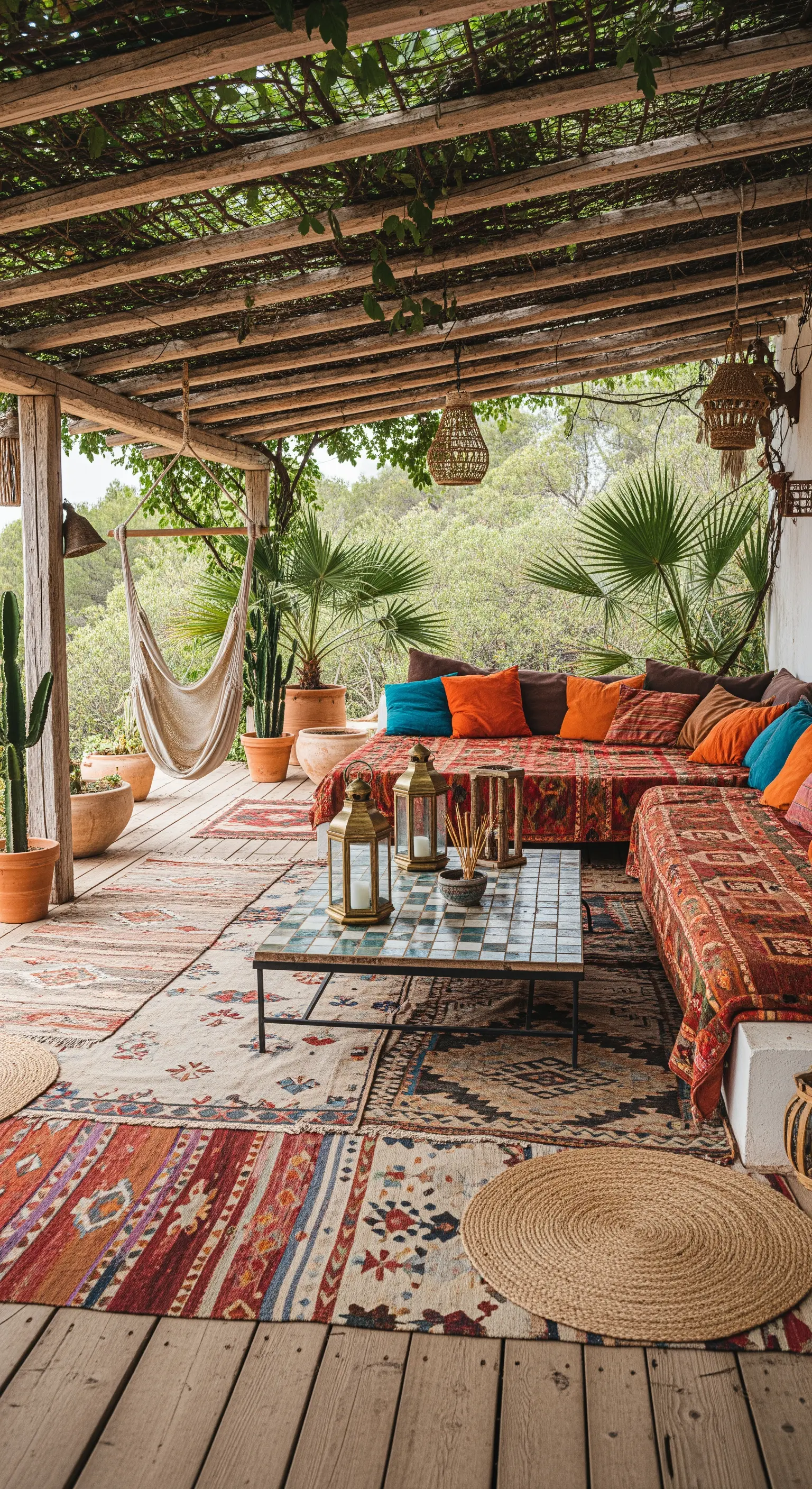 Veranda bohémien con tappeti kilim sovrapposti, cuscini colorati e amaca.