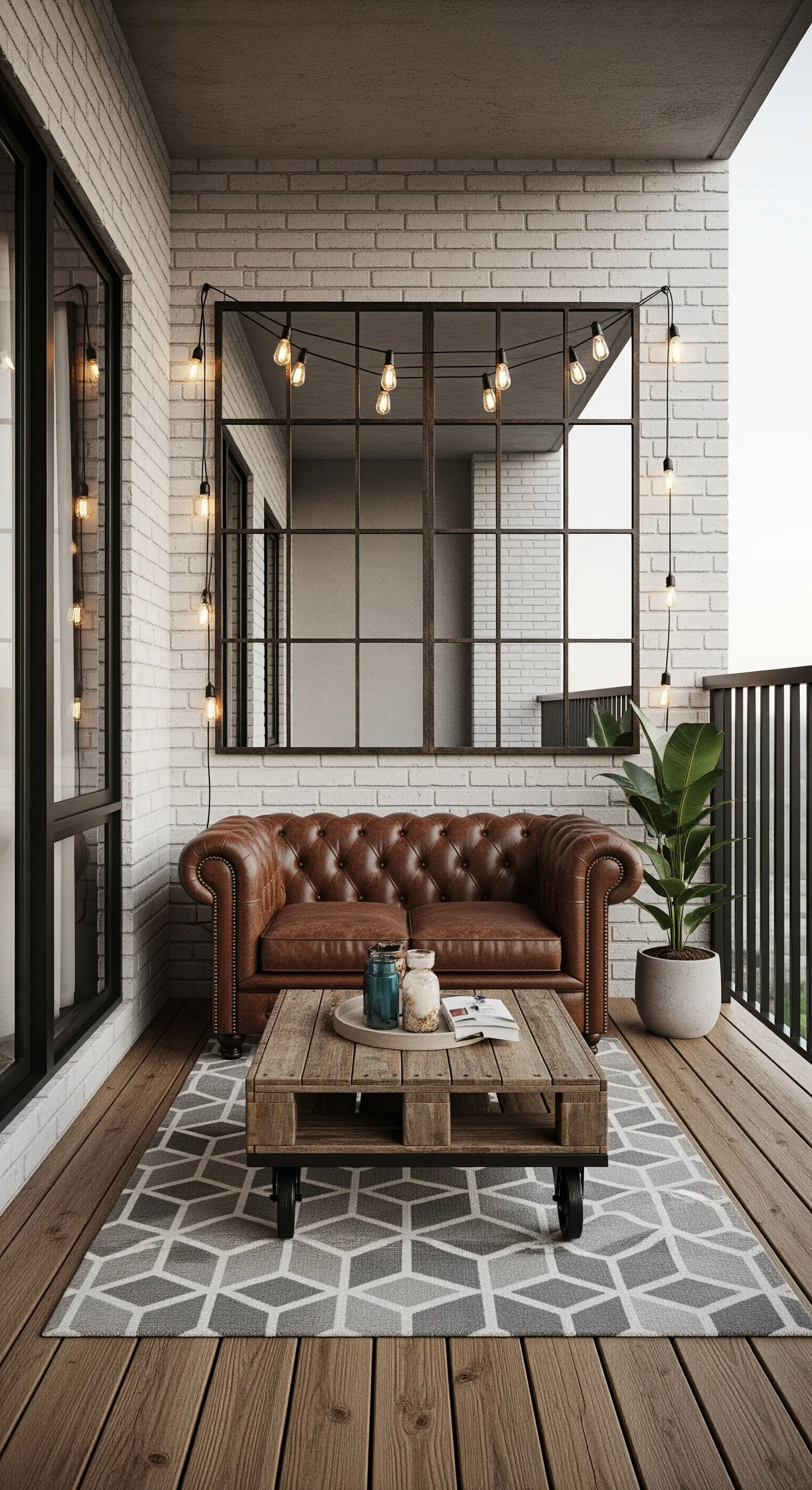 Balcone stile industriale con specchio a finestra, divano in pelle e luci a stringa.