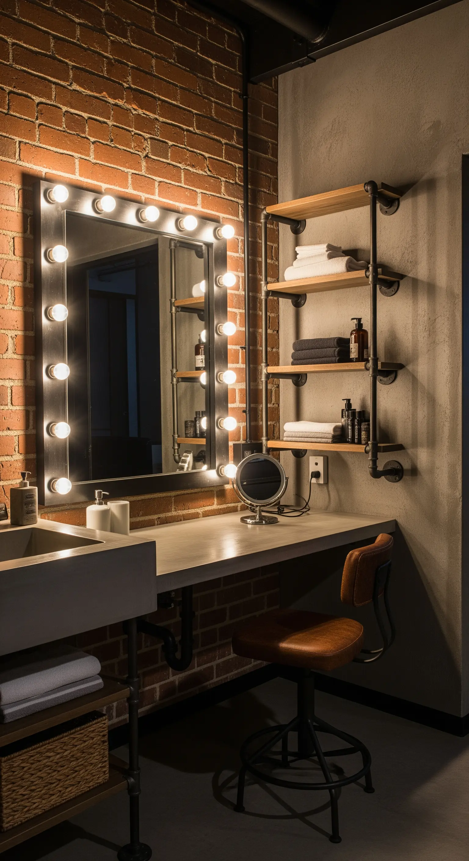 Angolo trucco industrial con muro di mattoni, specchio da camerino e mensole in tubi.