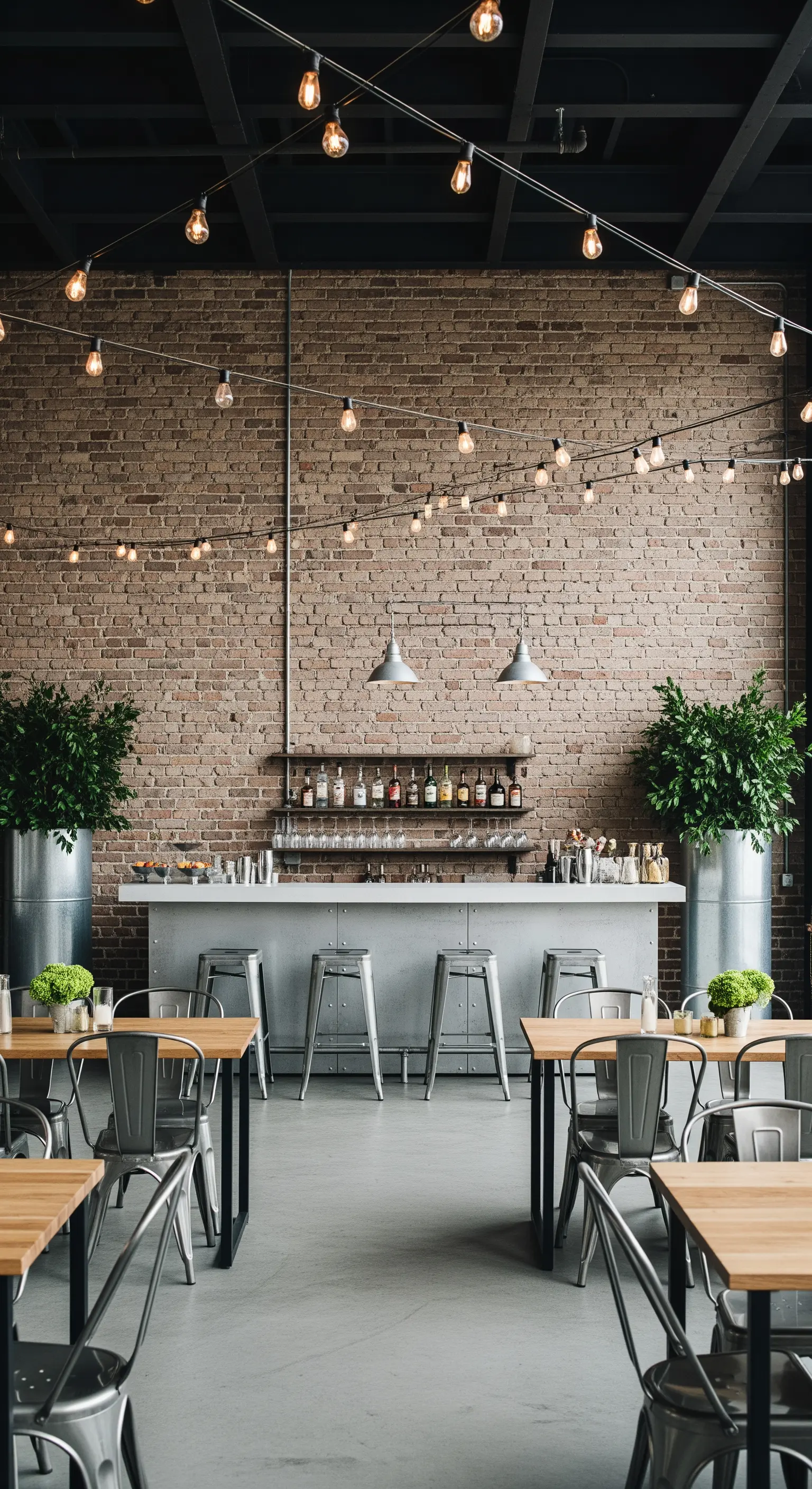 Patio in stile industriale con parete in mattoni, bar in metallo e luci a filamento.