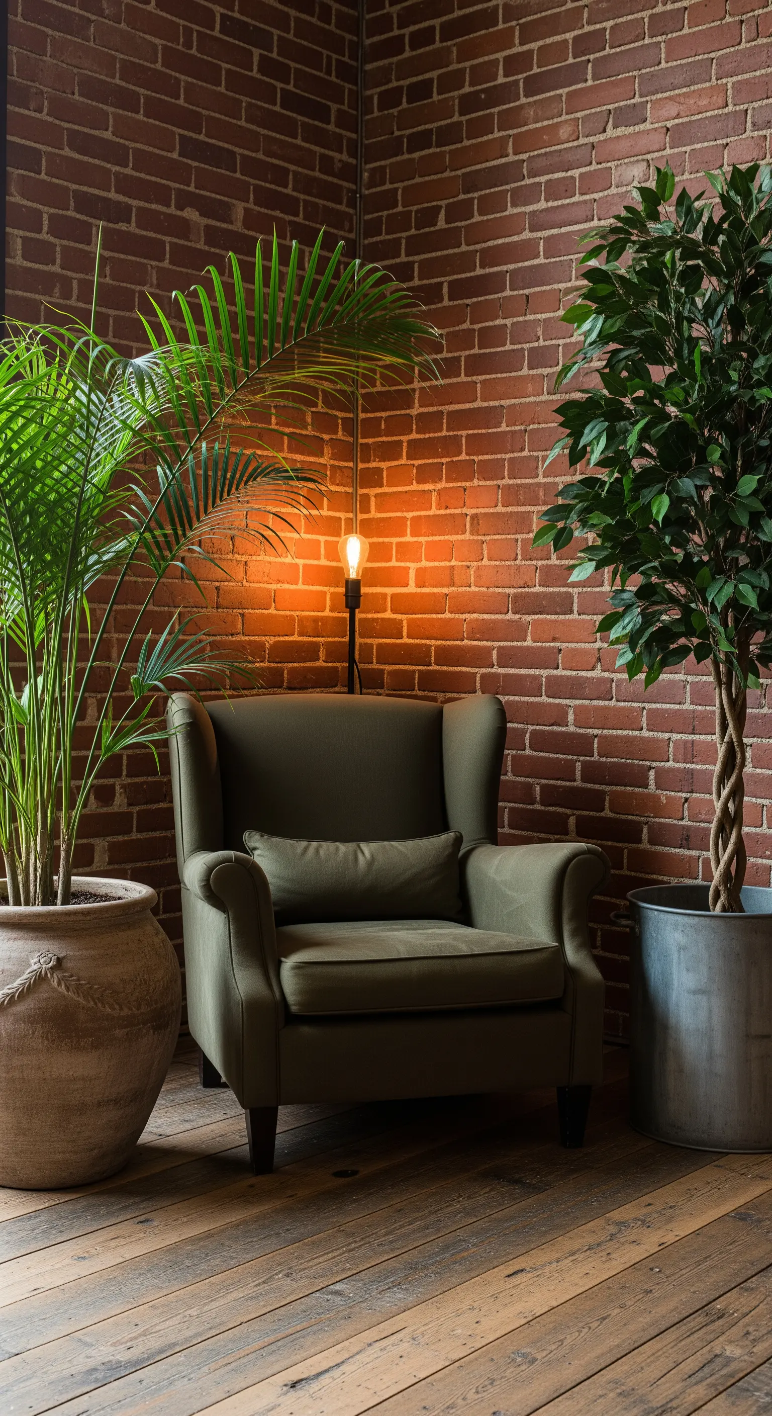 Poltrona verde scuro contro una parete di mattoni, affiancata da due grandi piante in vaso.
