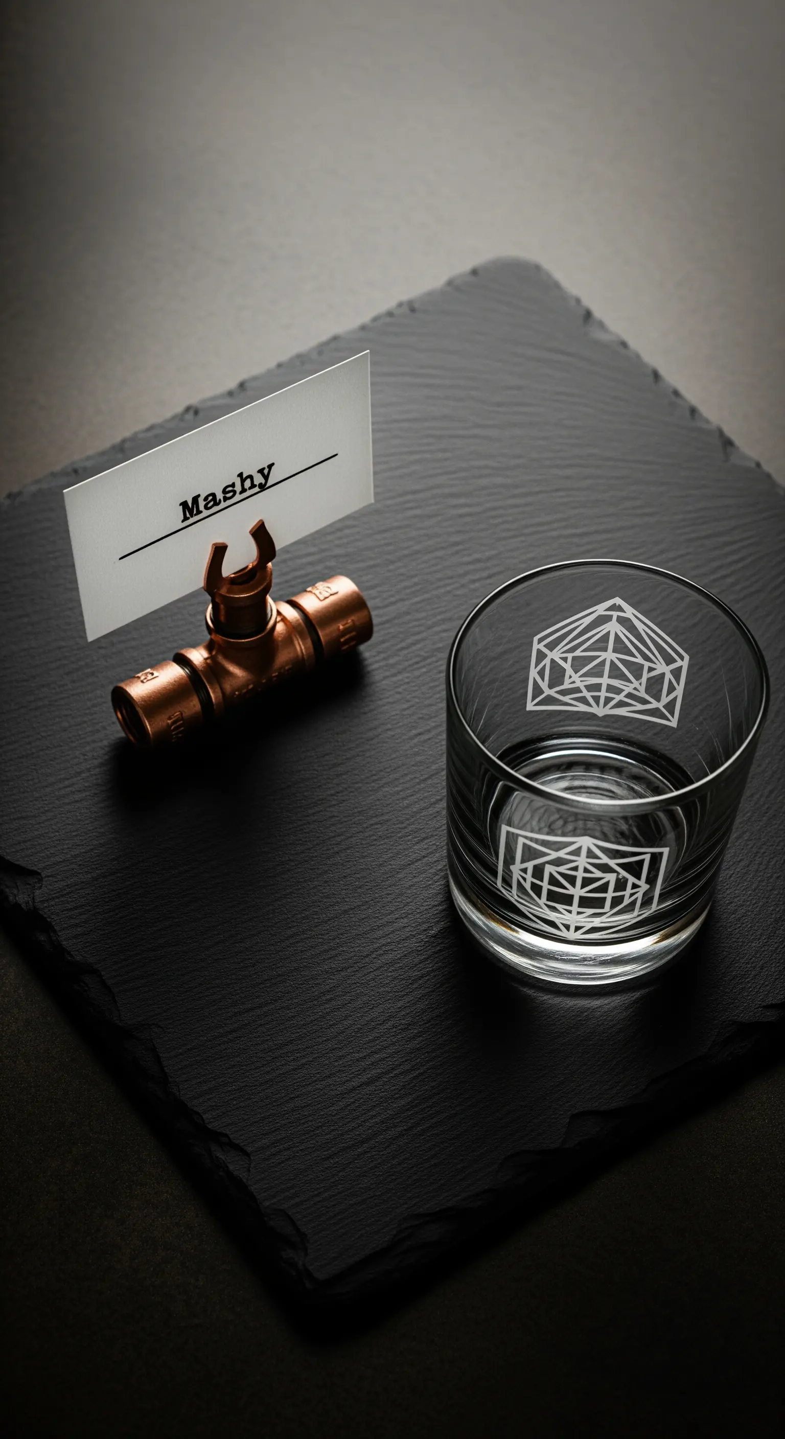 Mise en place industriale con tovaglietta in ardesia e segnaposto in tubo di rame