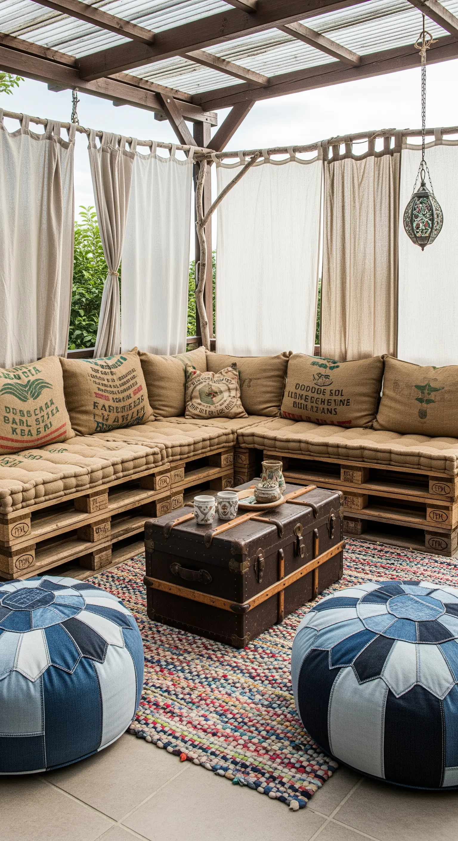 Veranda con divani in pallet, cuscini in sacchi di iuta, pouf in denim e baule.