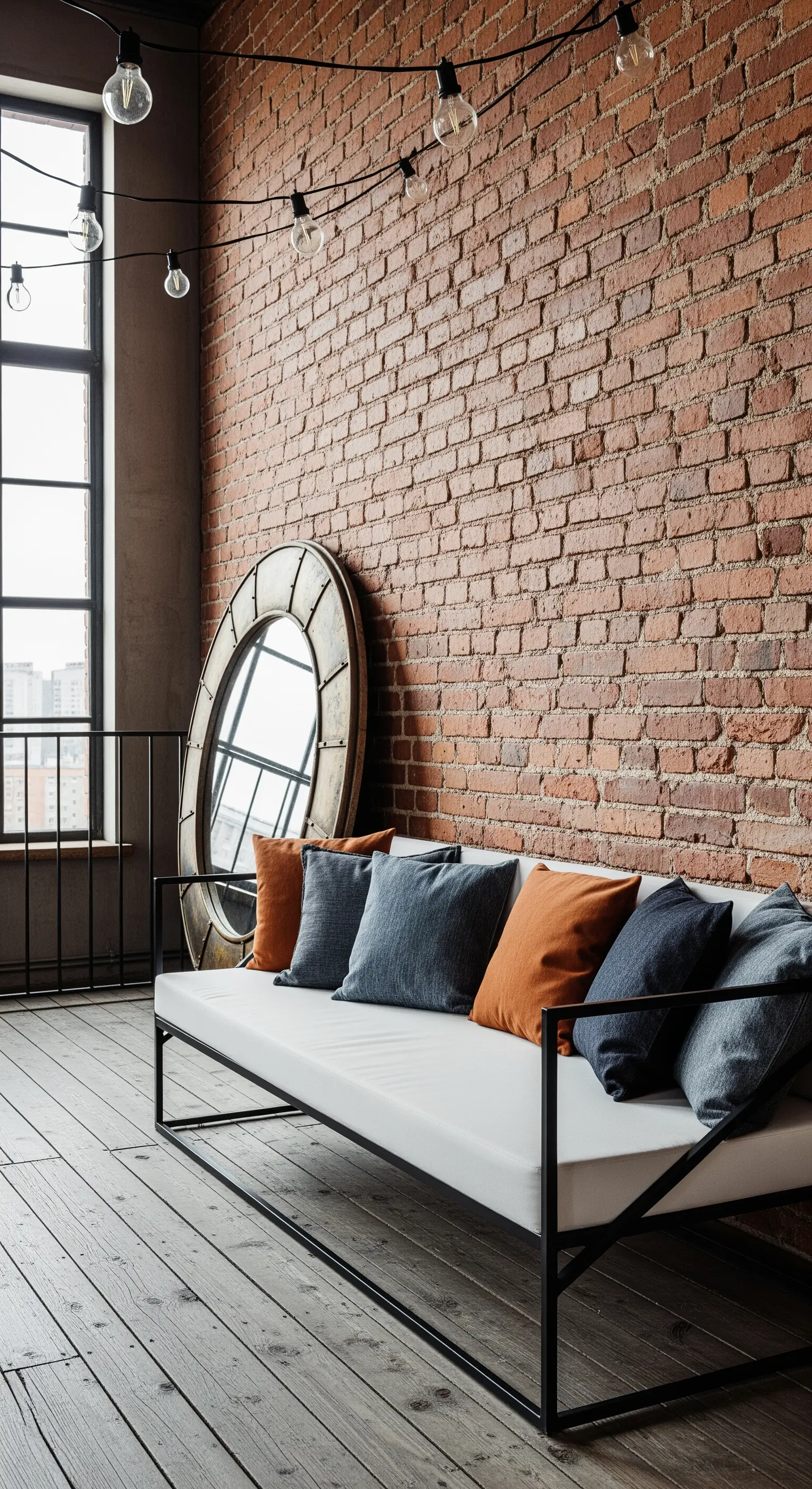 Divano bianco minimale in un loft con parete in mattoni e grande specchio rotondo appoggiato.