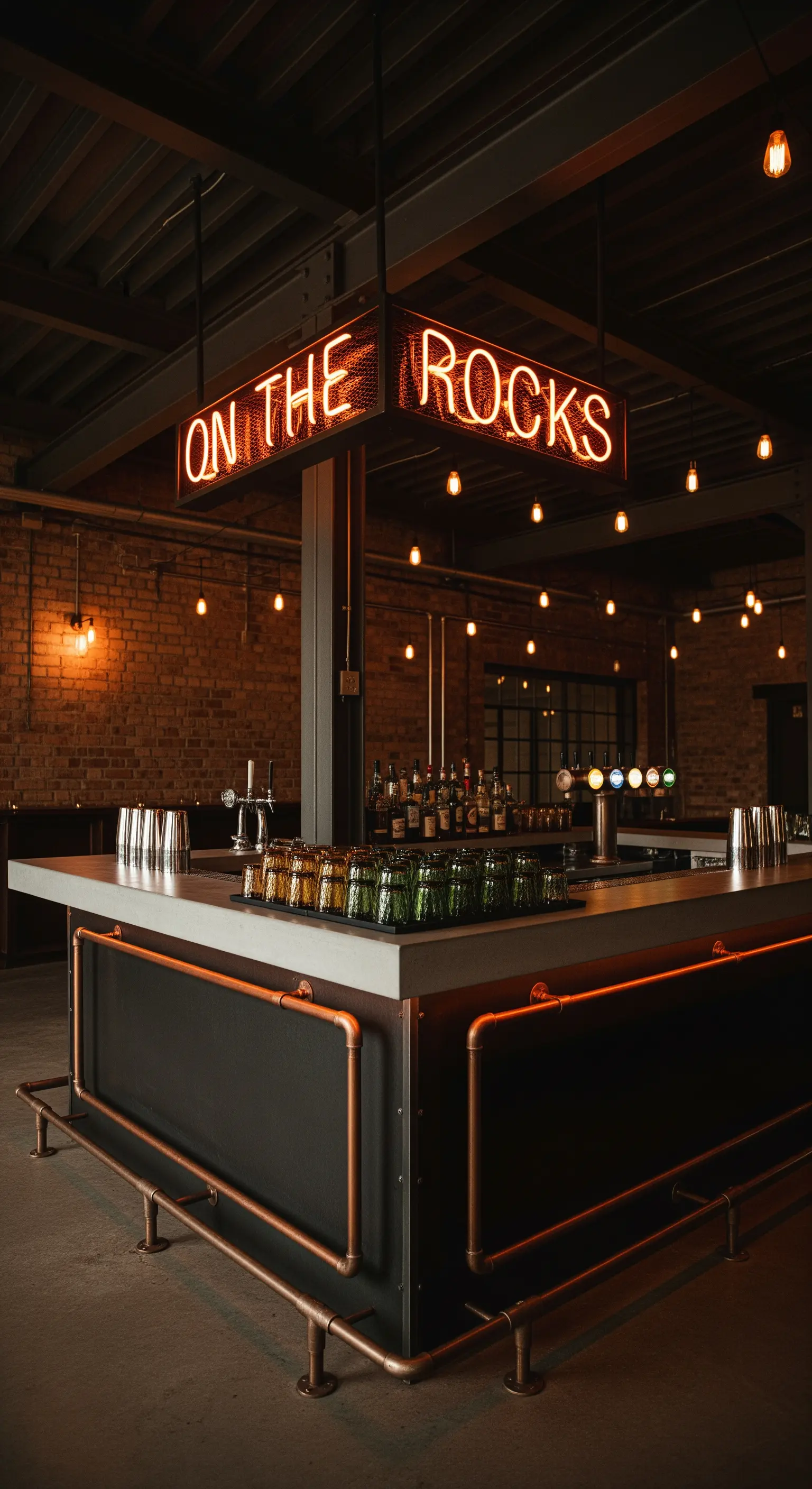 Bar in stile industriale con mattoni a vista, tubi in rame e insegna al neon arancione.
