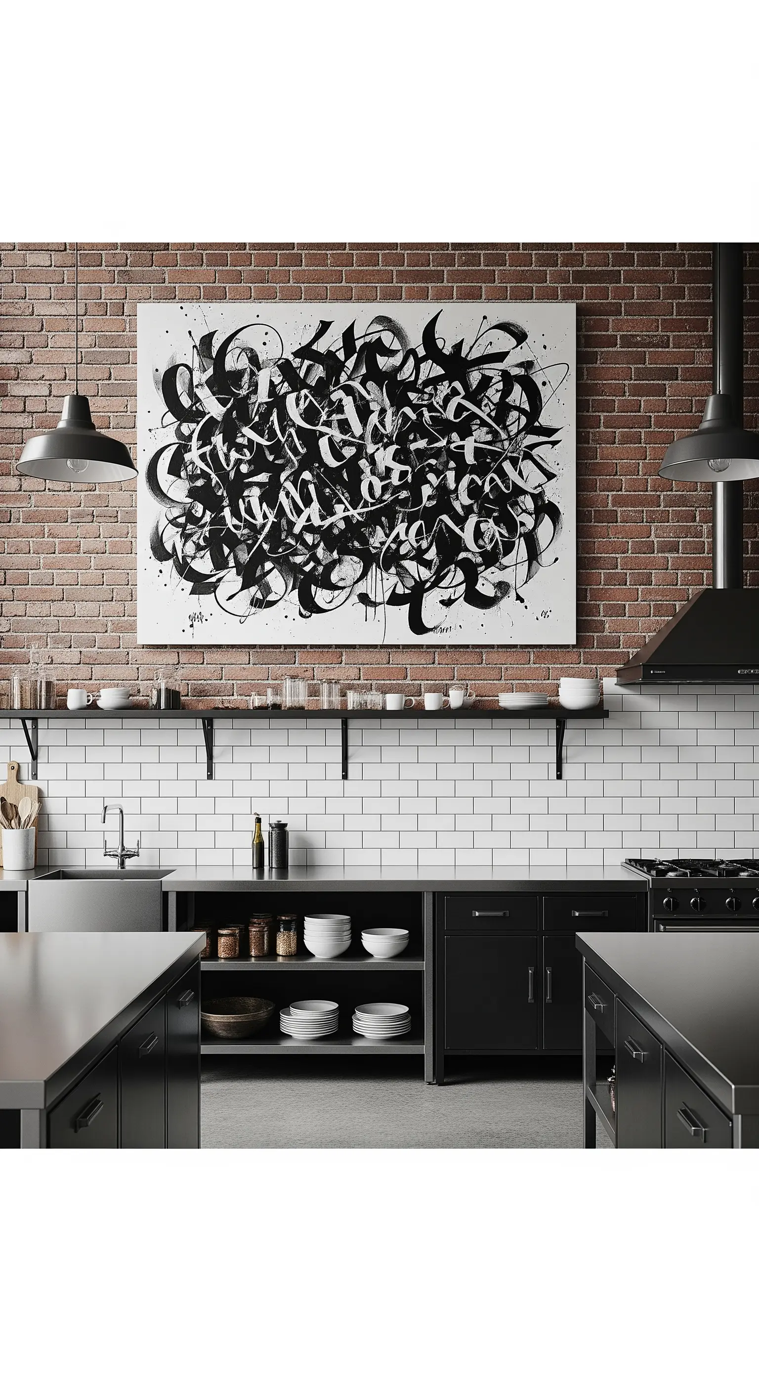 Cucina industriale con mattoni a vista e un grande quadro calligrafico in bianco e nero.