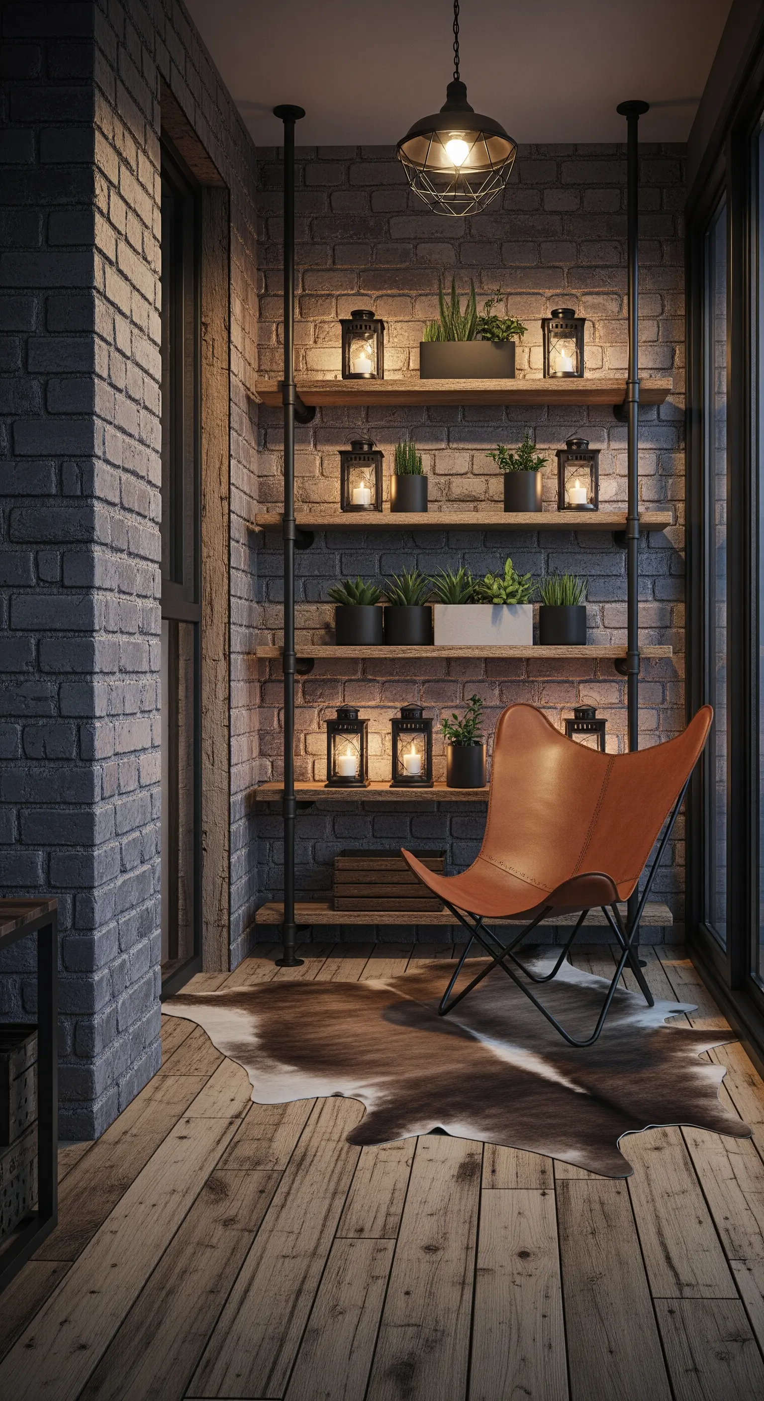 Balcone industriale con parete in mattoni, scaffalatura in metallo e poltrona in pelle.
