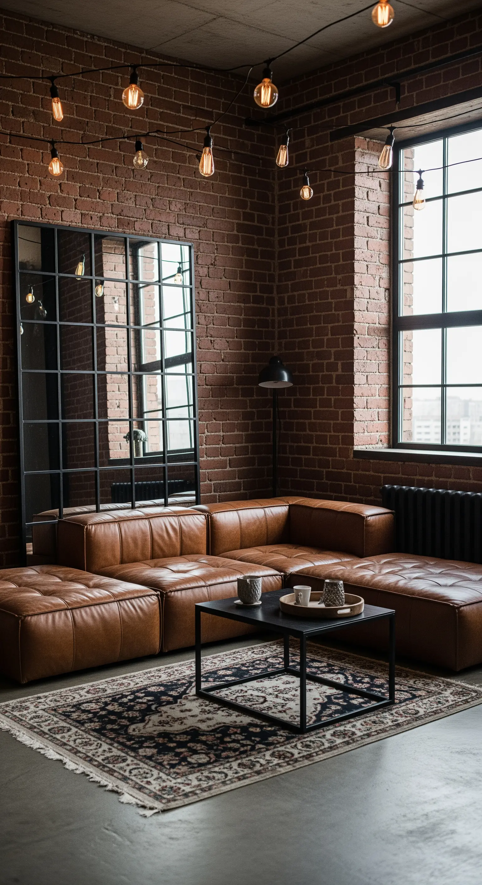 Loft industriale con divano in pelle, parete di mattoni e un grande specchio stile finestra.