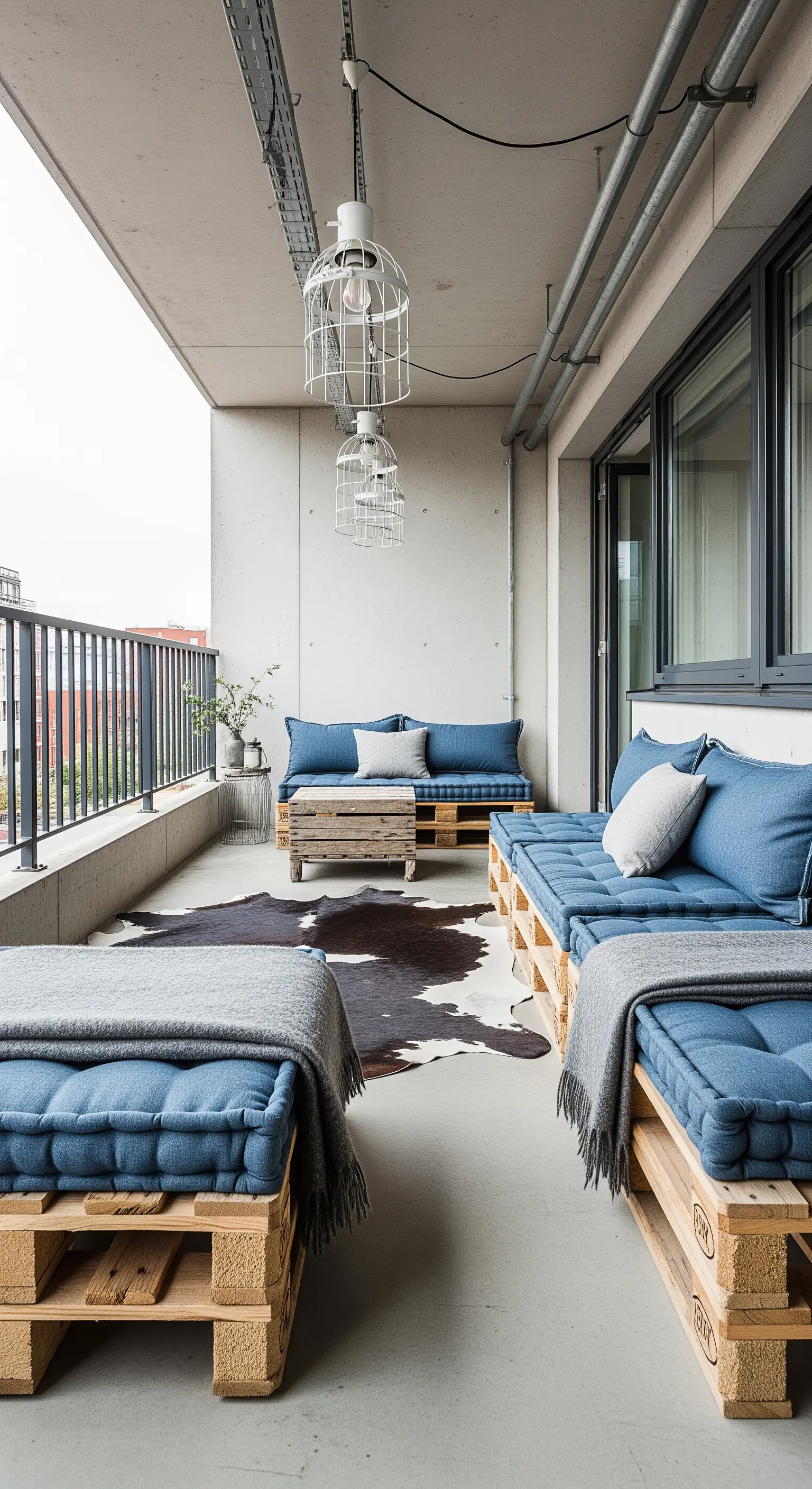 Balcone industriale con divani in pallet, cuscini blu e tappeto in pelle di mucca.
