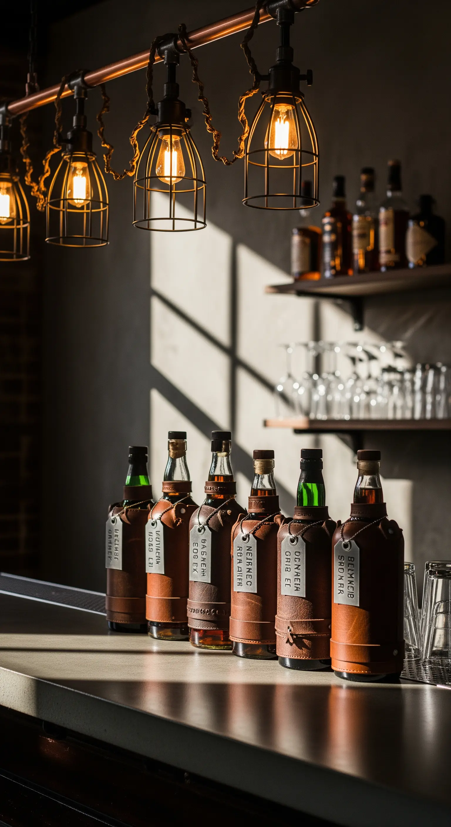 Bottiglie di whisky rivestite in pelle marrone con etichette in cuoio legate al collo.