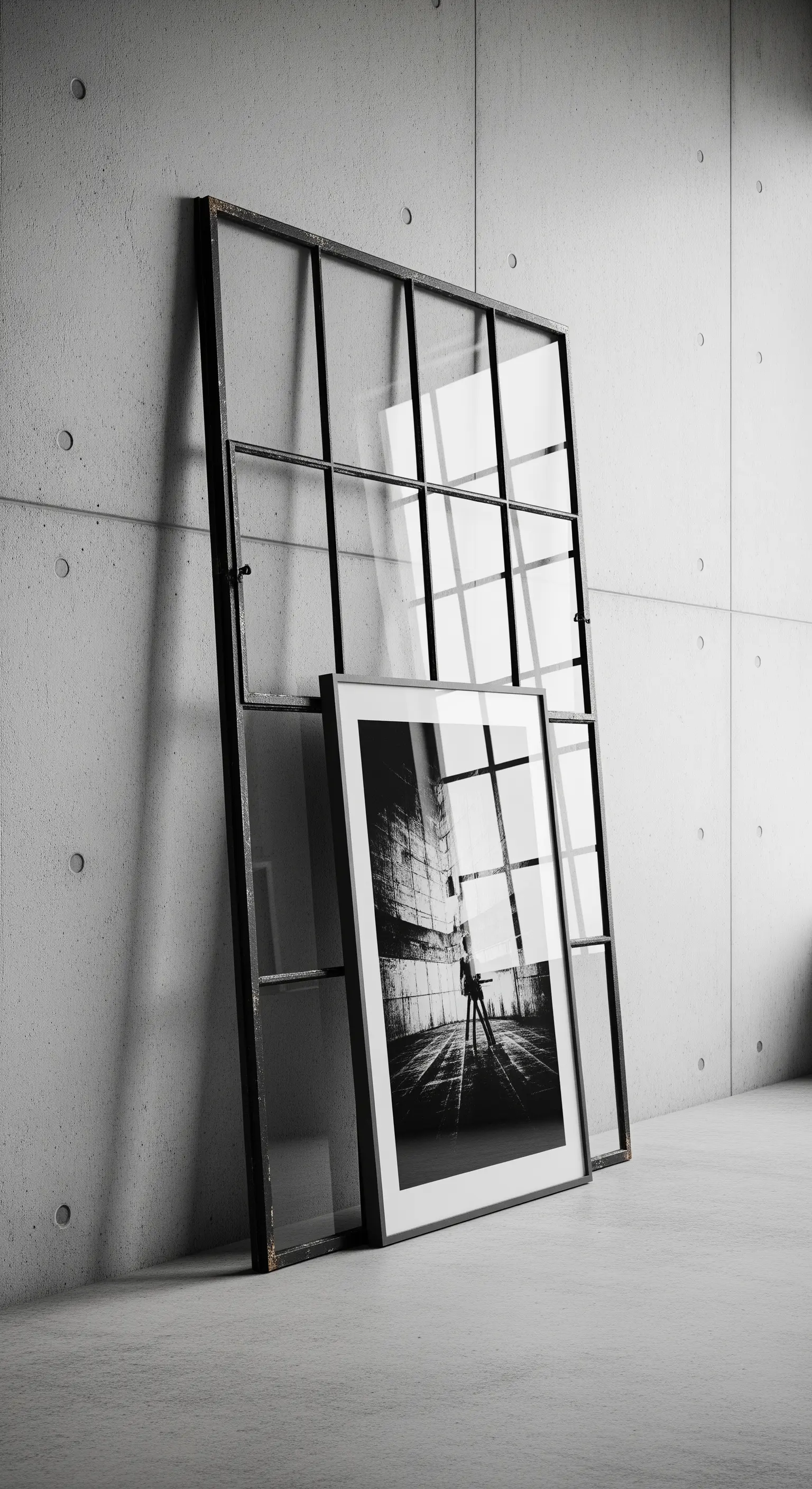 Grande finestra industriale in metallo appoggiata a una parete di cemento, con una foto incorniciata.