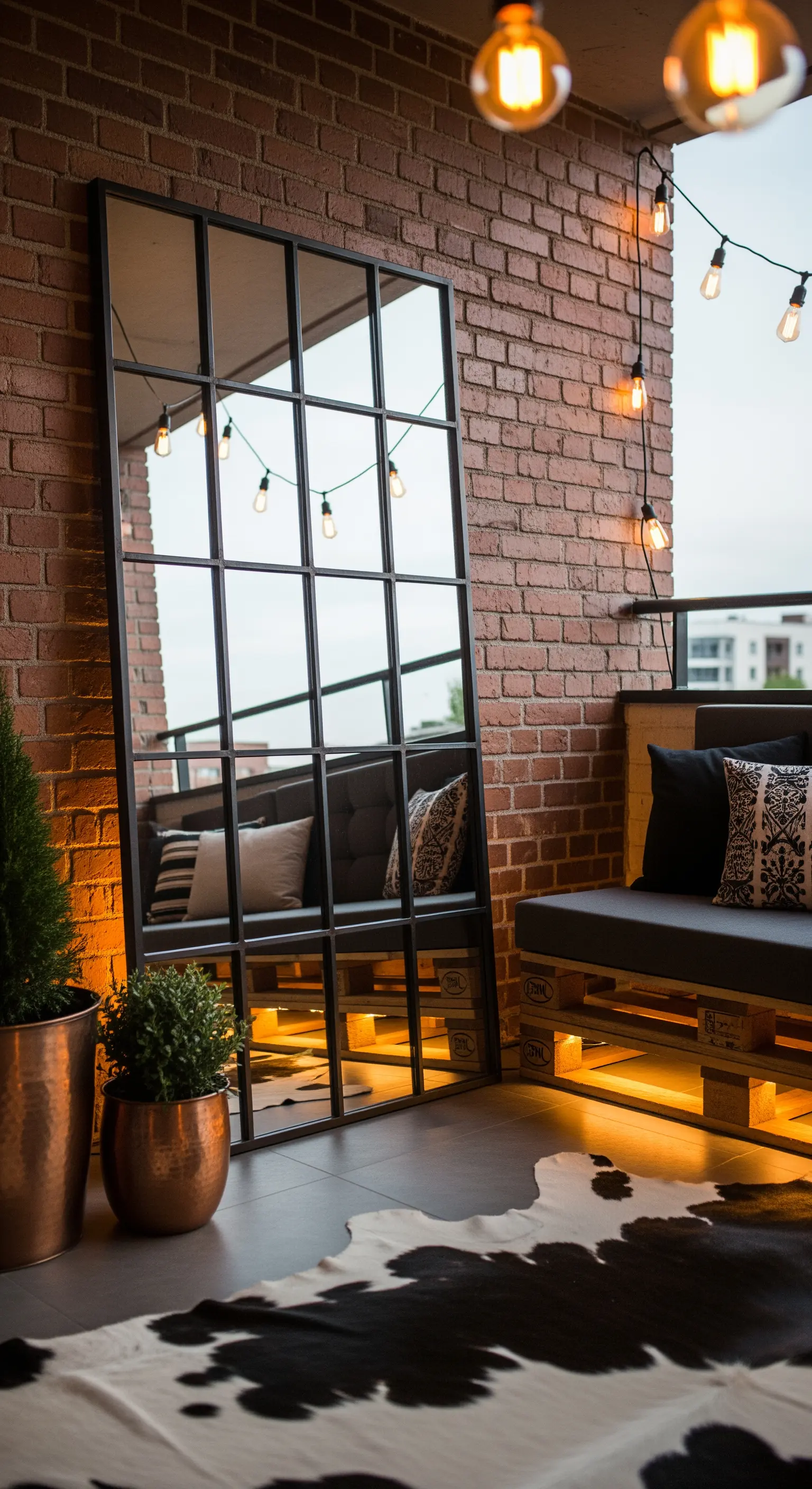 Specchio a riquadri in stile industriale appoggiato su una parete di mattoni, con divano in pallet.