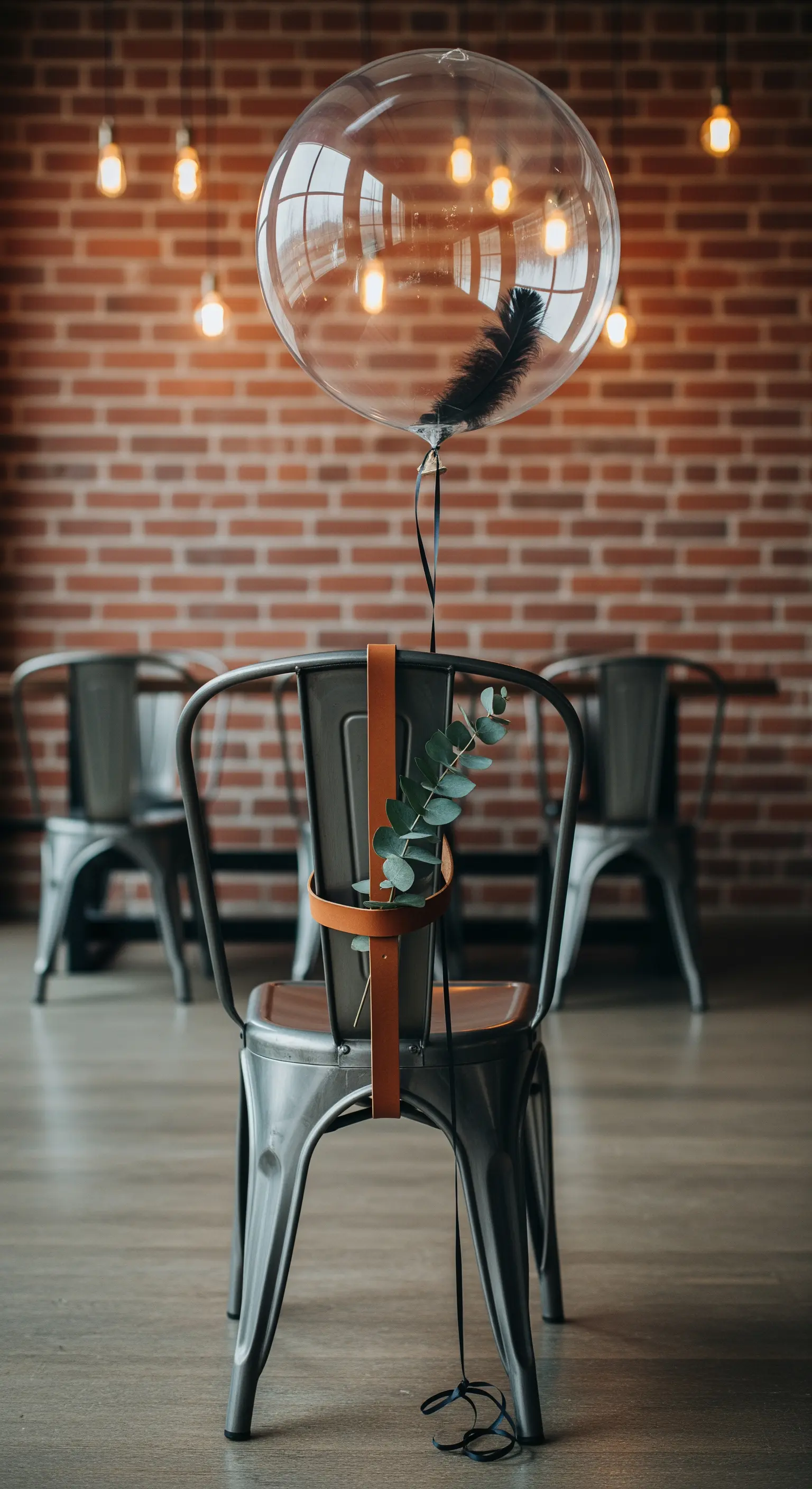 Sedia industrial in metallo con cinghie di cuoio, eucalipto e palloncino con piuma.