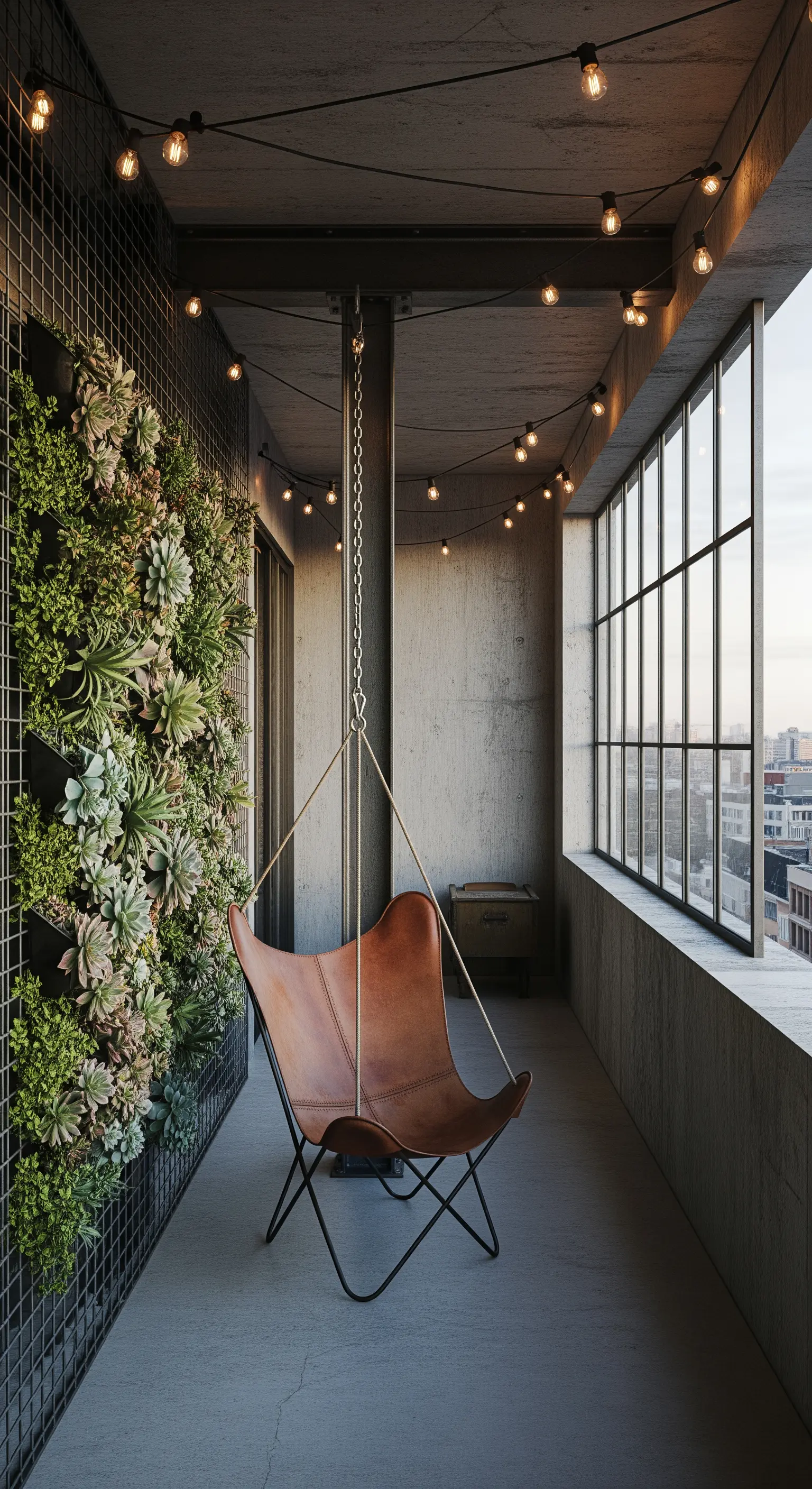 Sedia Butterfly in pelle sospesa in un balcone industriale con parete di succulente e luci a filo.