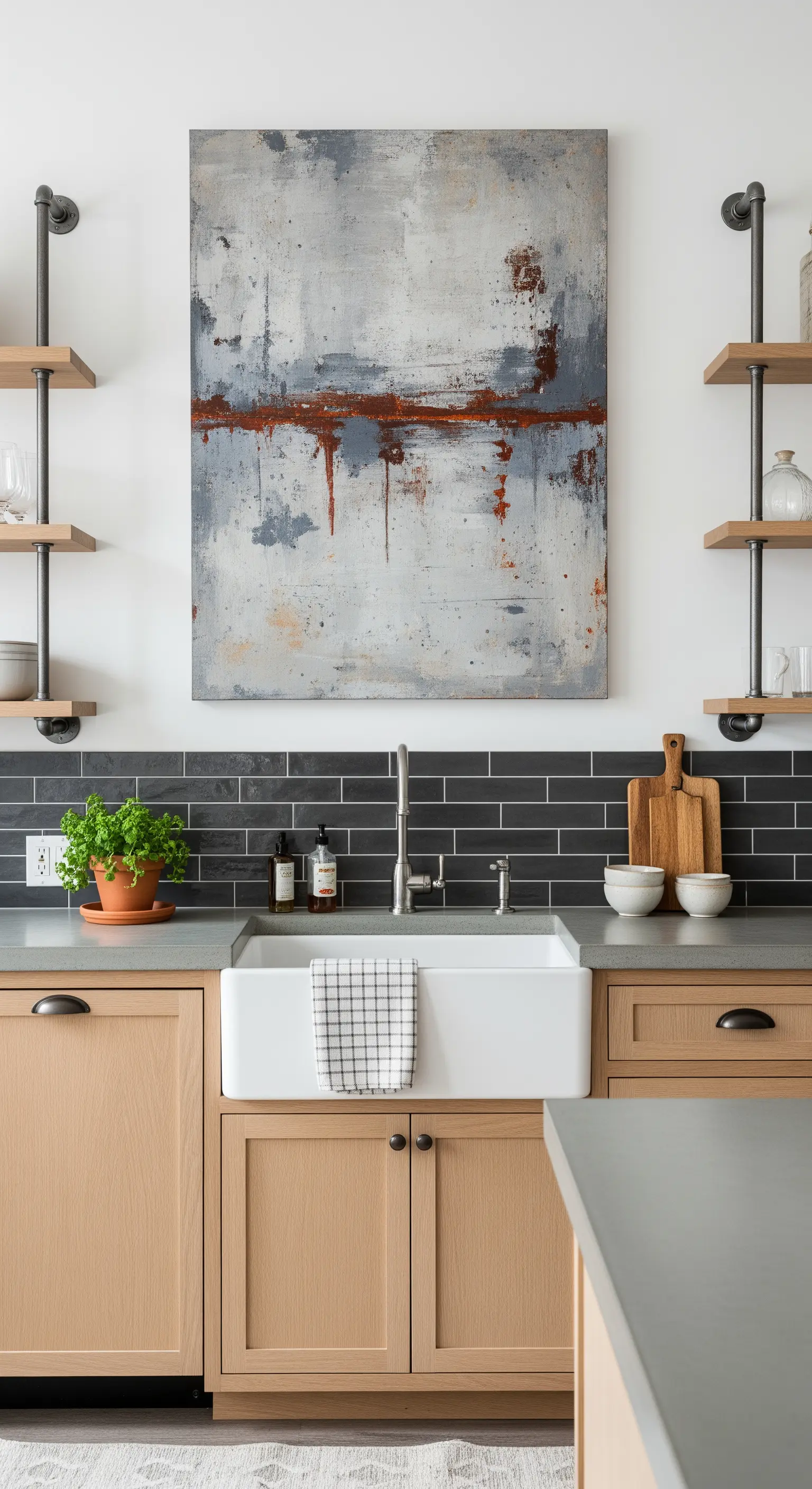 Cucina industriale con mensole a vista e un quadro astratto dall'aspetto rovinato.