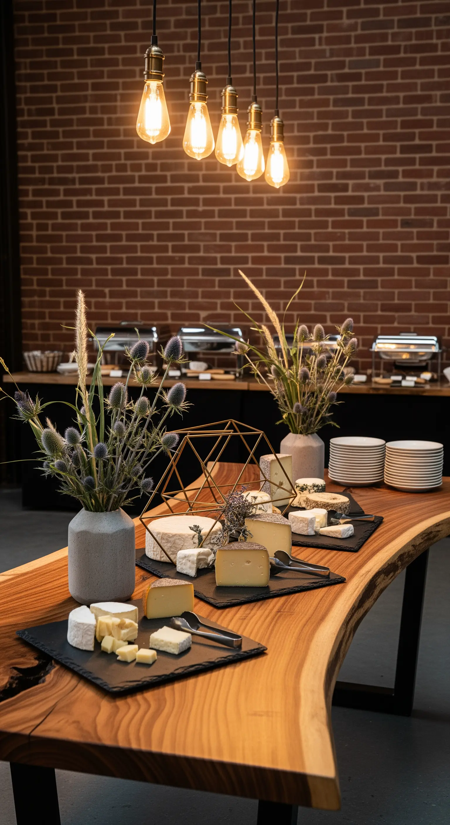 Tavolo da buffet in legno massiccio con formaggi su taglieri d'ardesia e luci industriali.