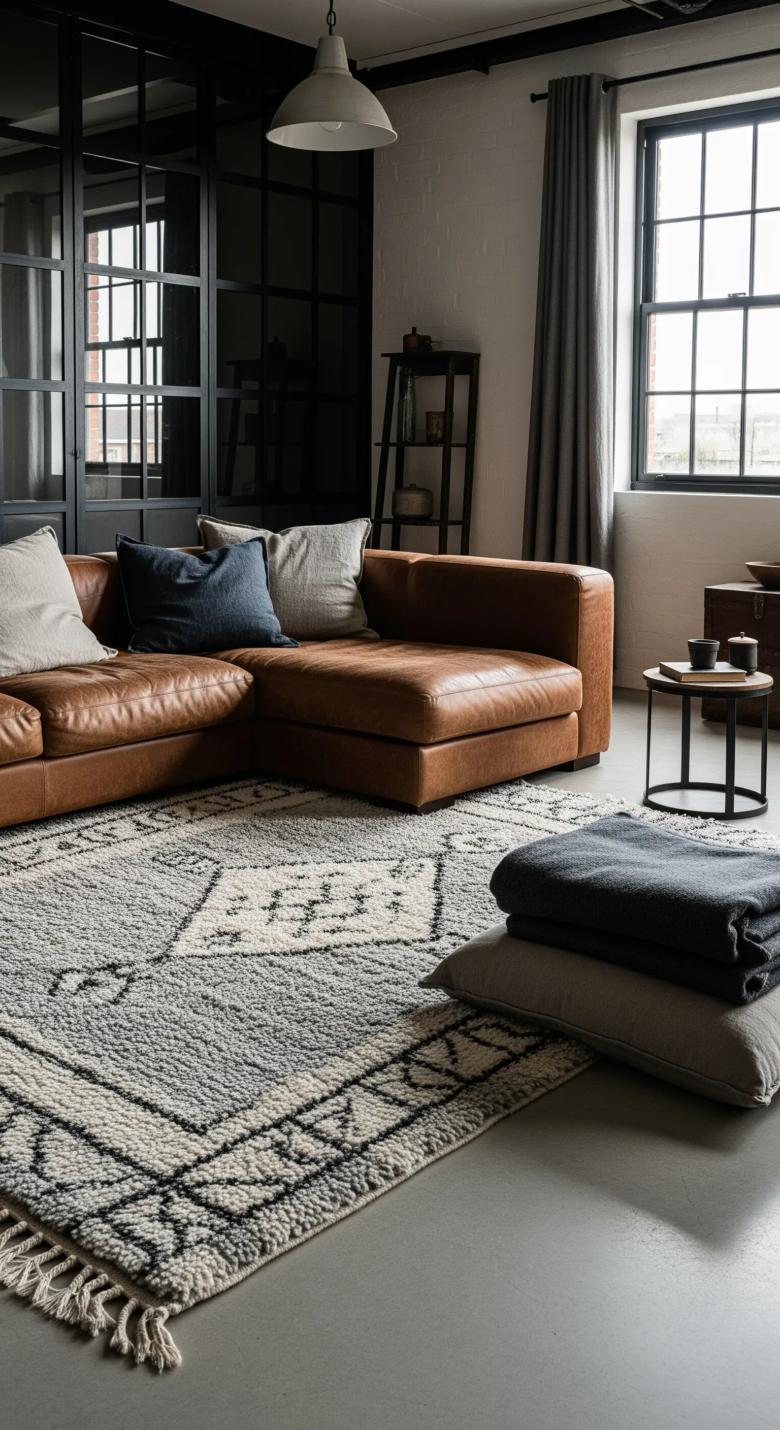 Divano in pelle color cuoio in un loft industriale, con tappeto berbero e cuscini in lino.