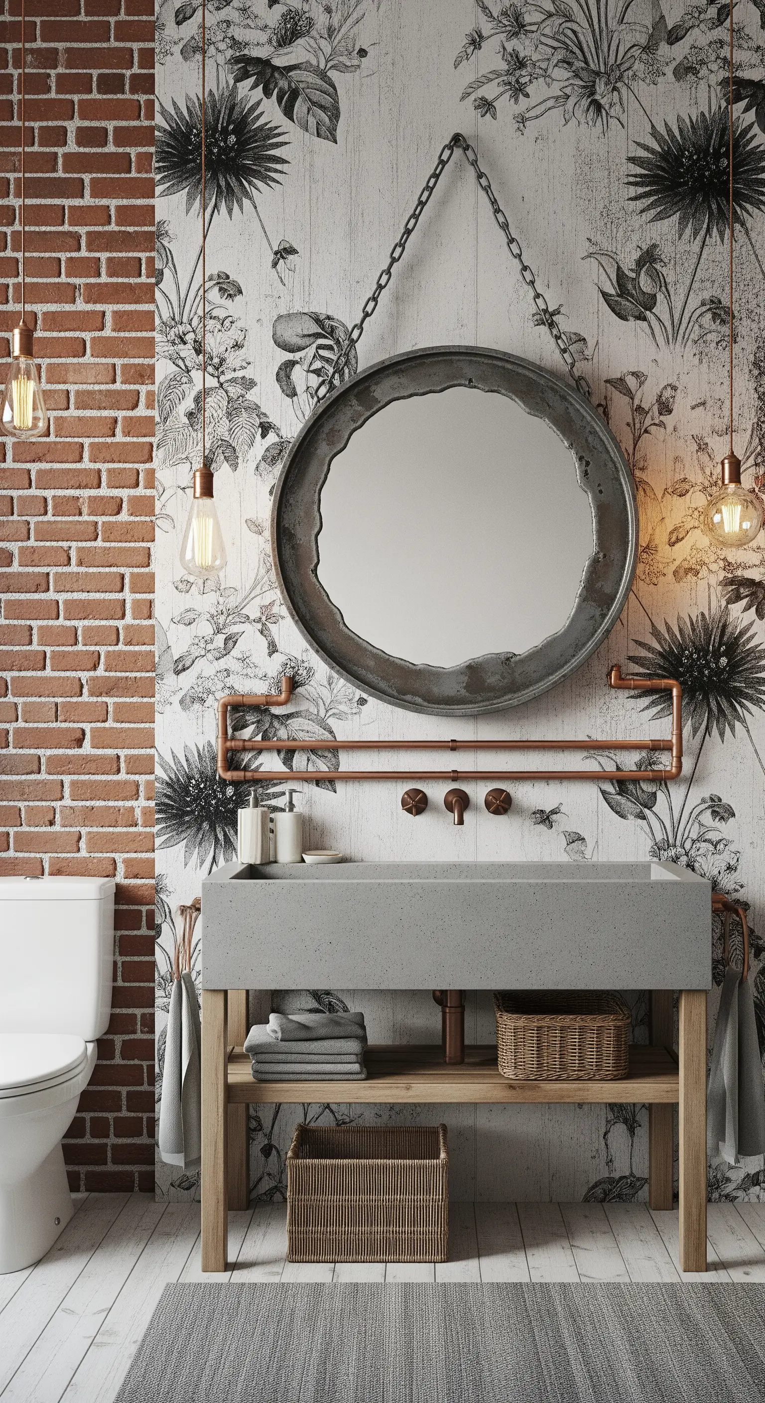 Bagno con parete in mattoni, carta da parati botanica e dettagli in rame e cemento.