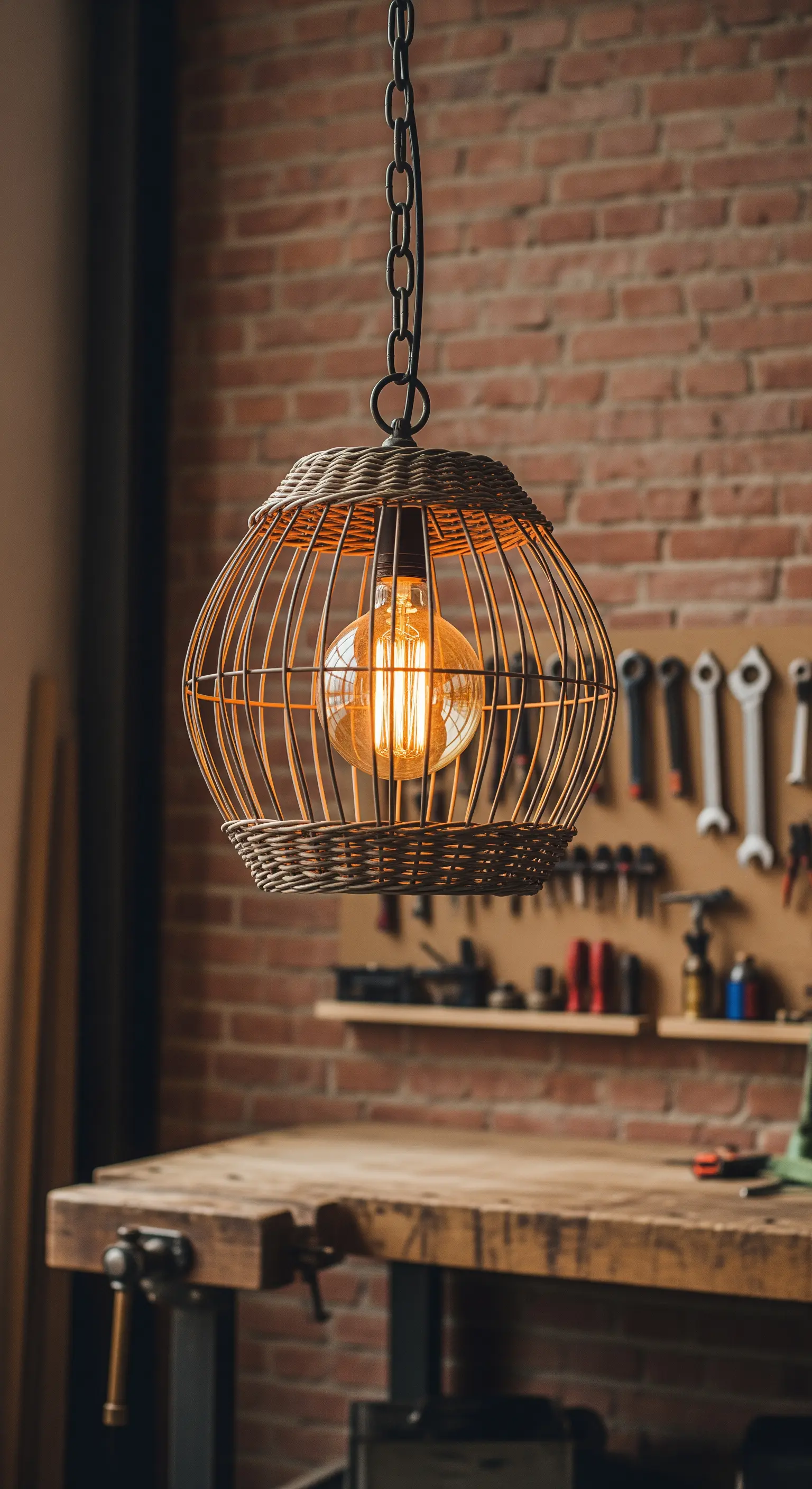 Lampadario a gabbia in vimini con lampadina Edison in un'officina.