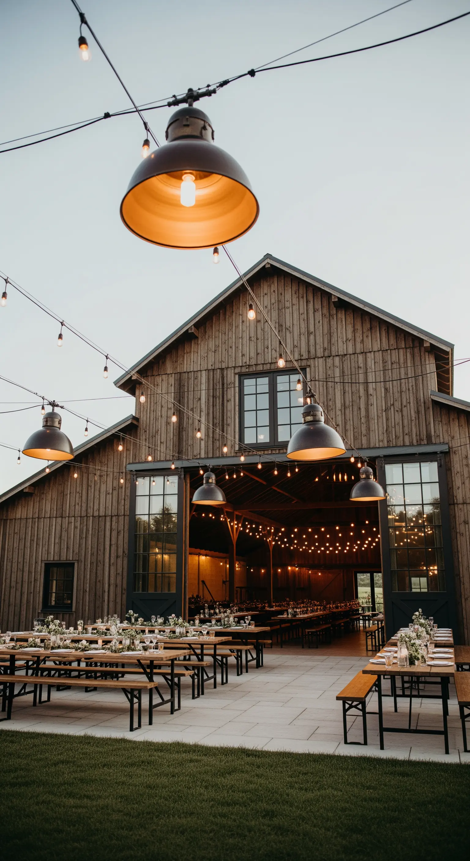 Ricevimento all'esterno di un fienile con tavoli, luci a filo e lampade industriali.