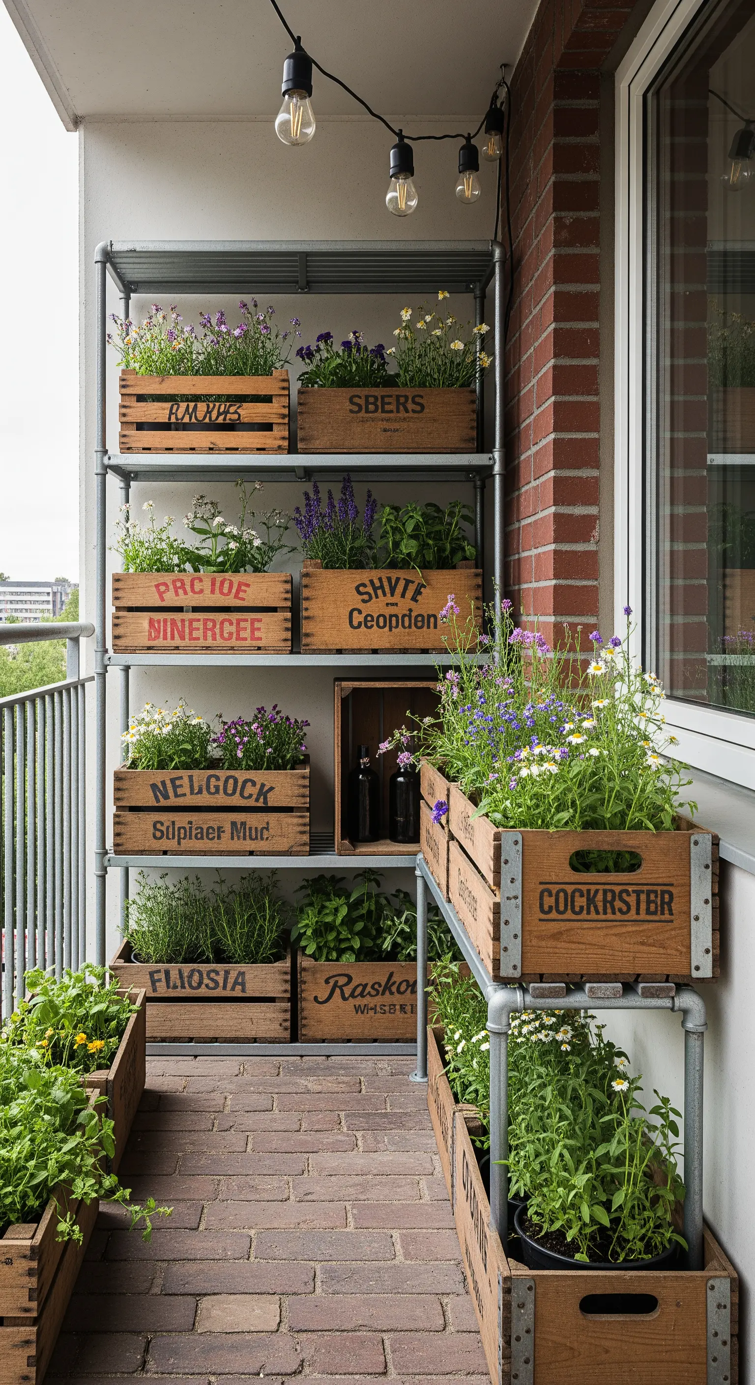 Scaffalatura industriale in metallo con cassette di legno vintage usate come fioriere.