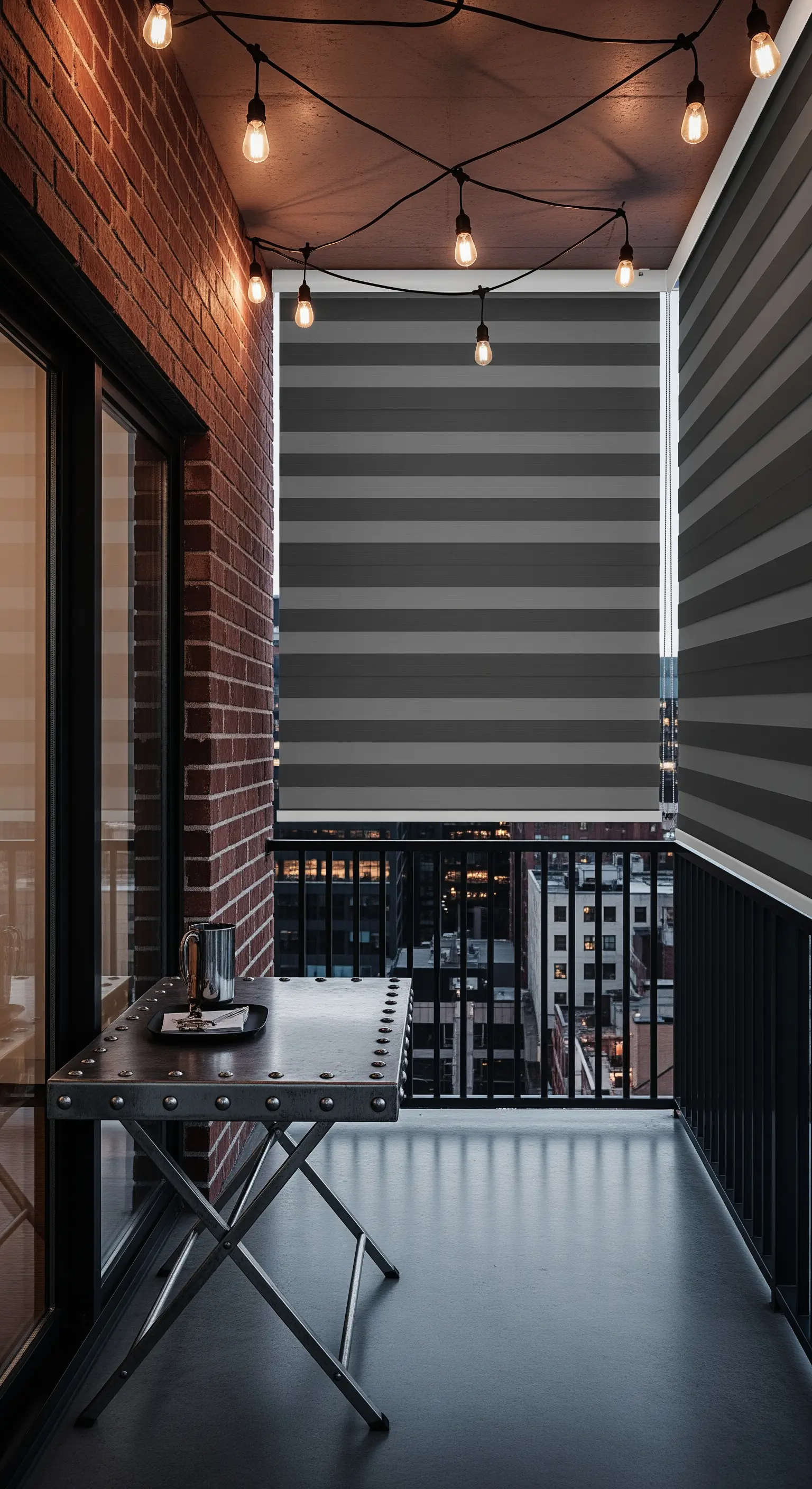 Balcone in stile industriale con parete di mattoni, tenda a rullo e luci a filamento.