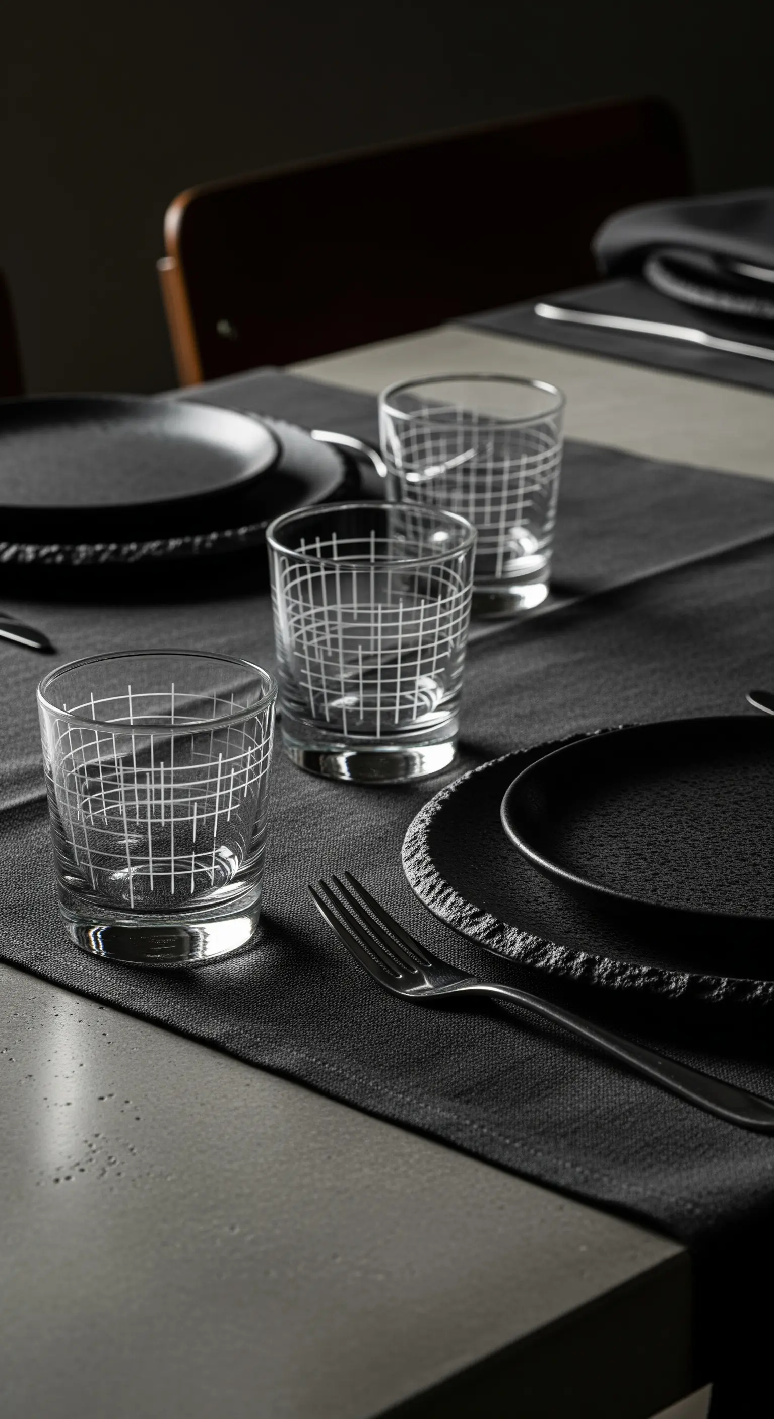 Tavola industrial con runner grigio scuro, piatti neri materici e bicchieri con motivo a griglia