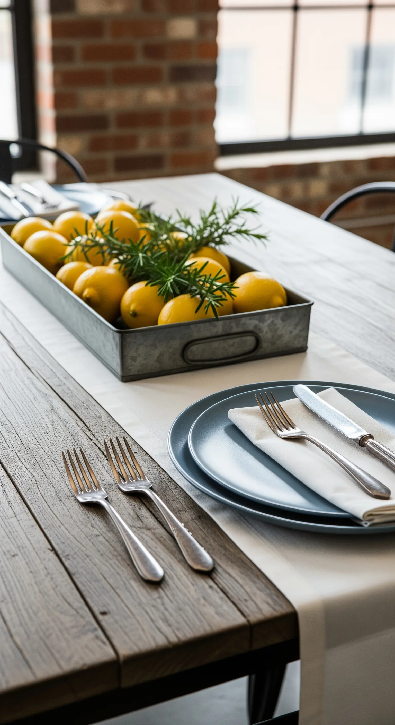 Tavolo in legno con vassoio in metallo pieno di limoni e rosmarino.