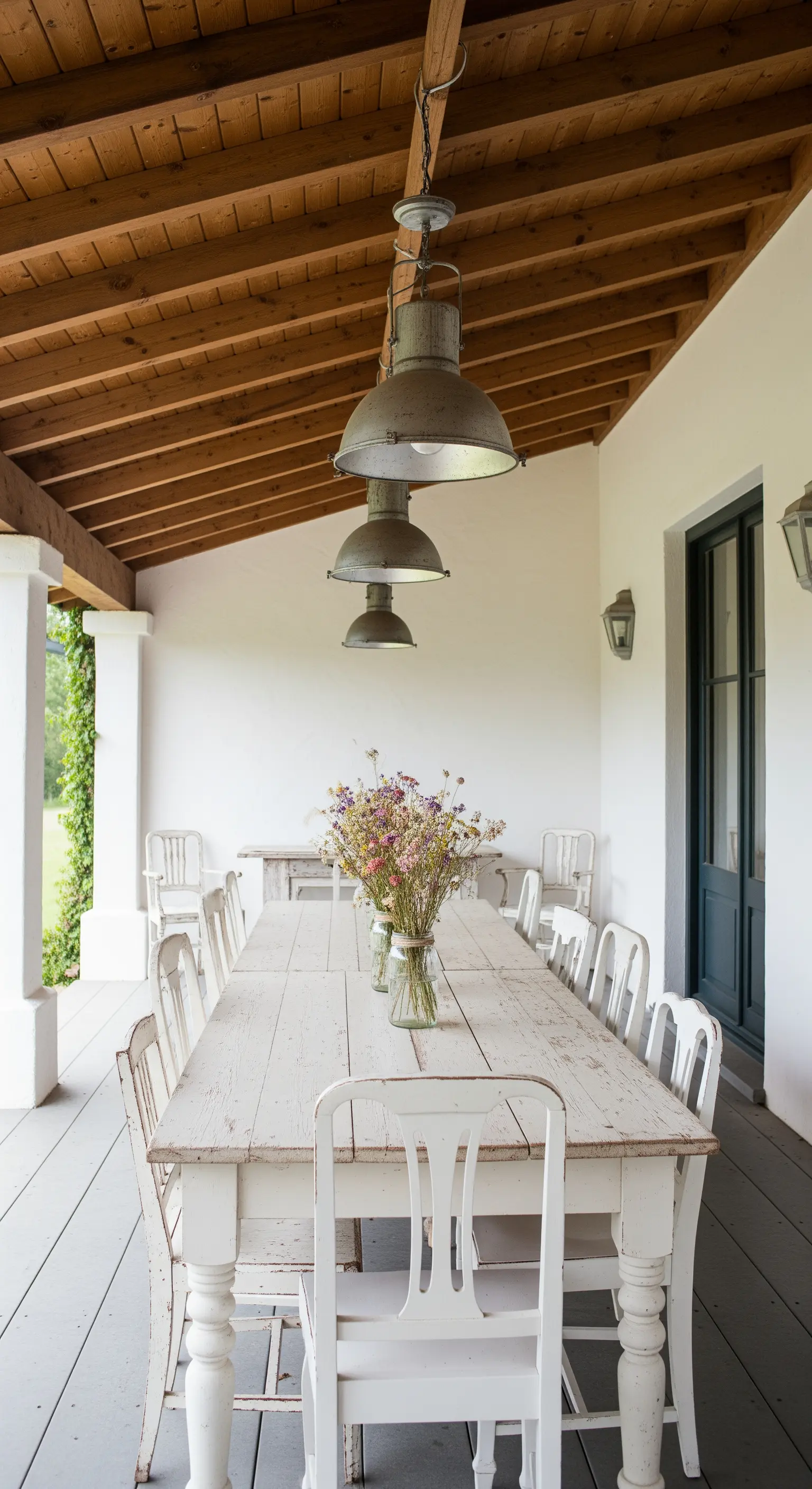 Lunga tavolata bianca in veranda con sedie decapate e lampade industriali a sospensione.