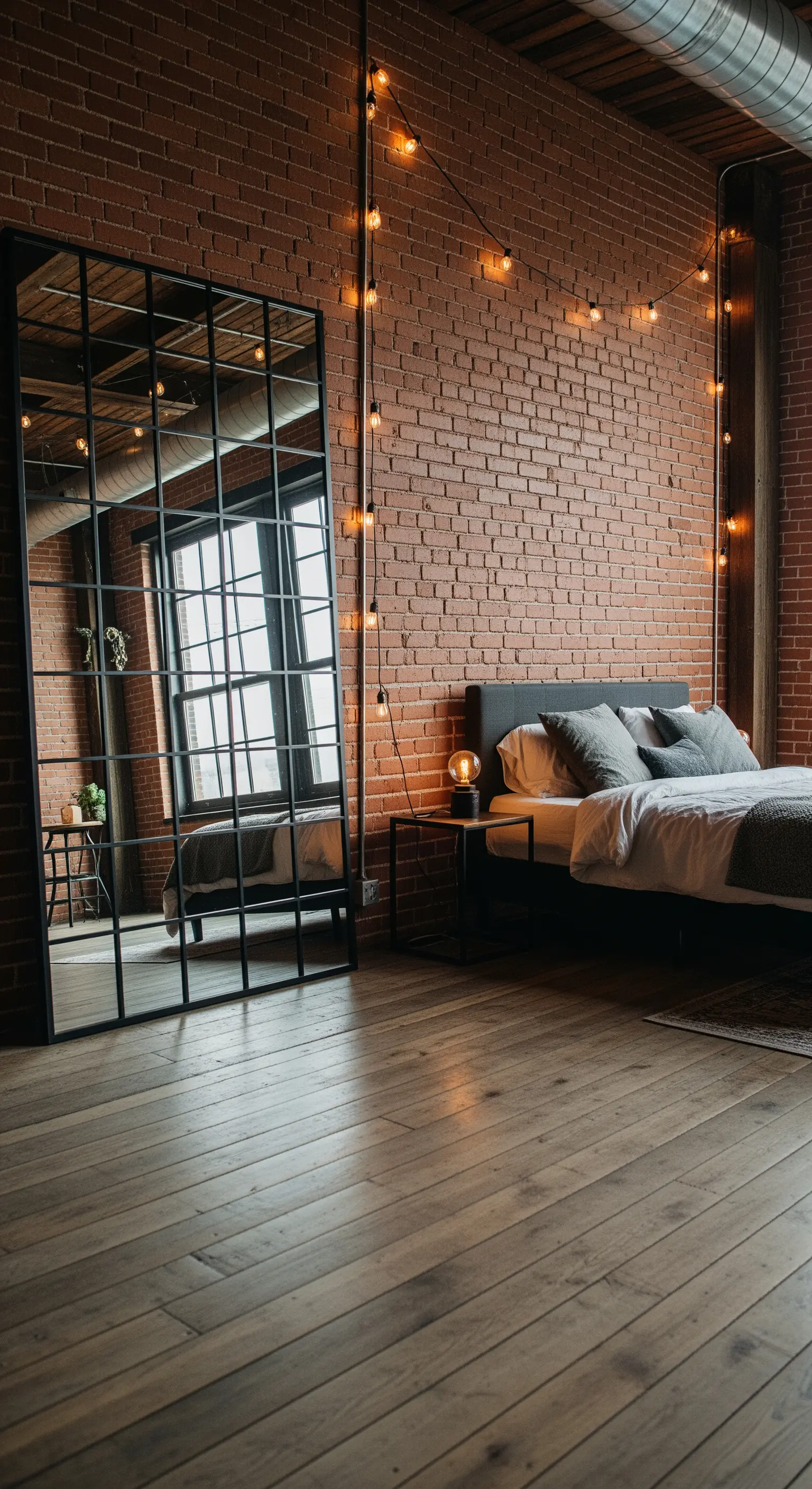 Specchio a figura intera con griglia nera, stile industriale, appoggiato a un muro di mattoni.