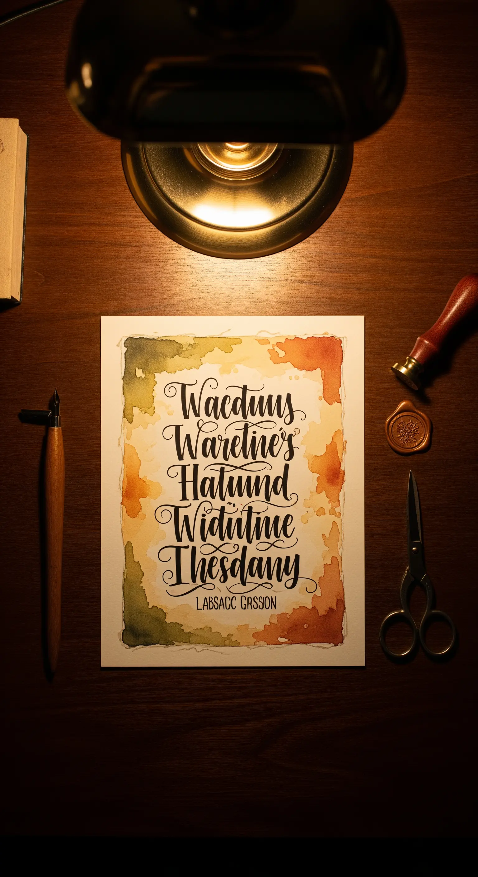 Quadro con calligrafia classica e bordo acquerello in toni caldi, su una scrivania illuminata.