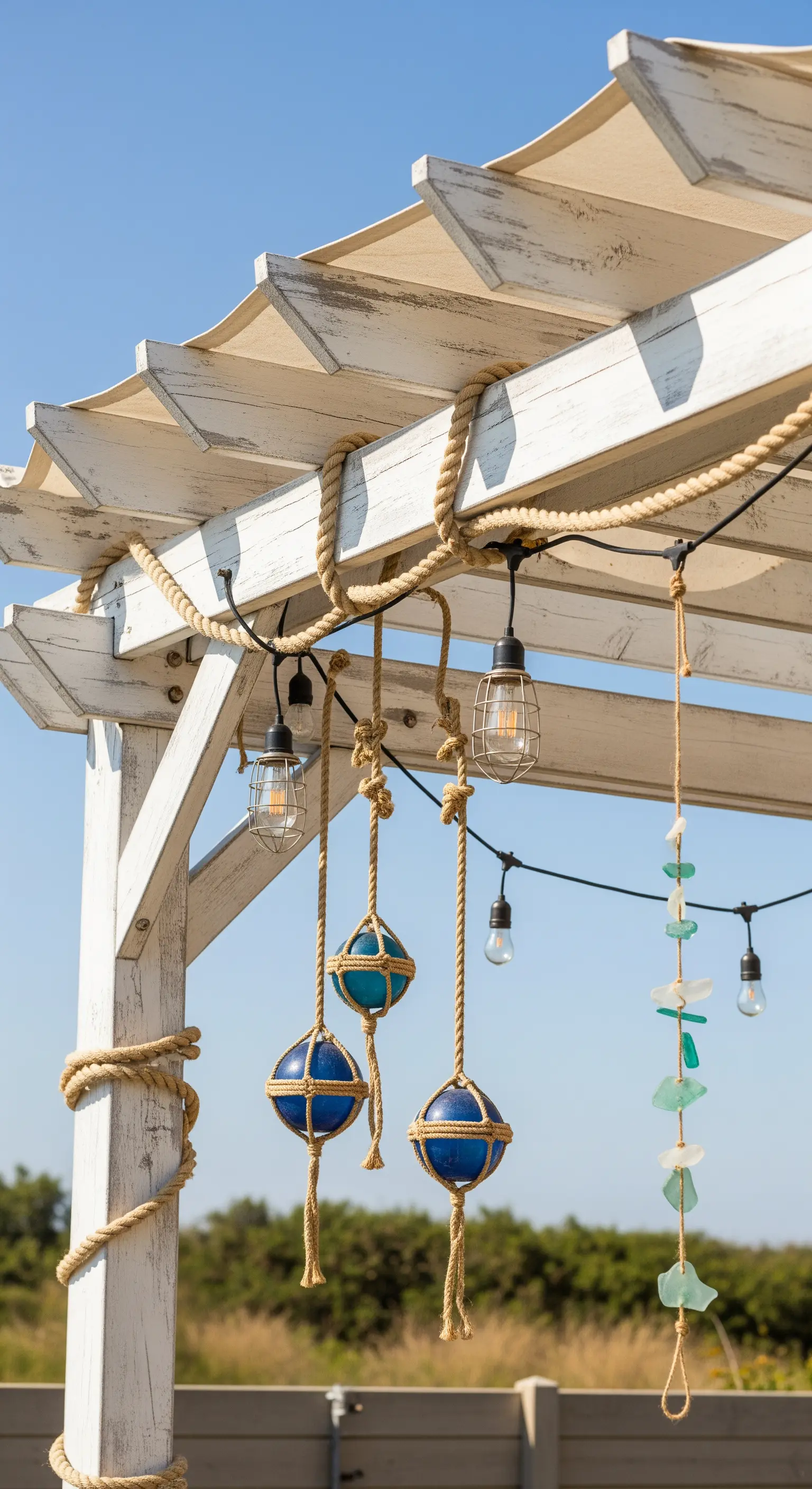 Dettaglio di un pergolato bianco con corde di iuta e decorazioni marine.