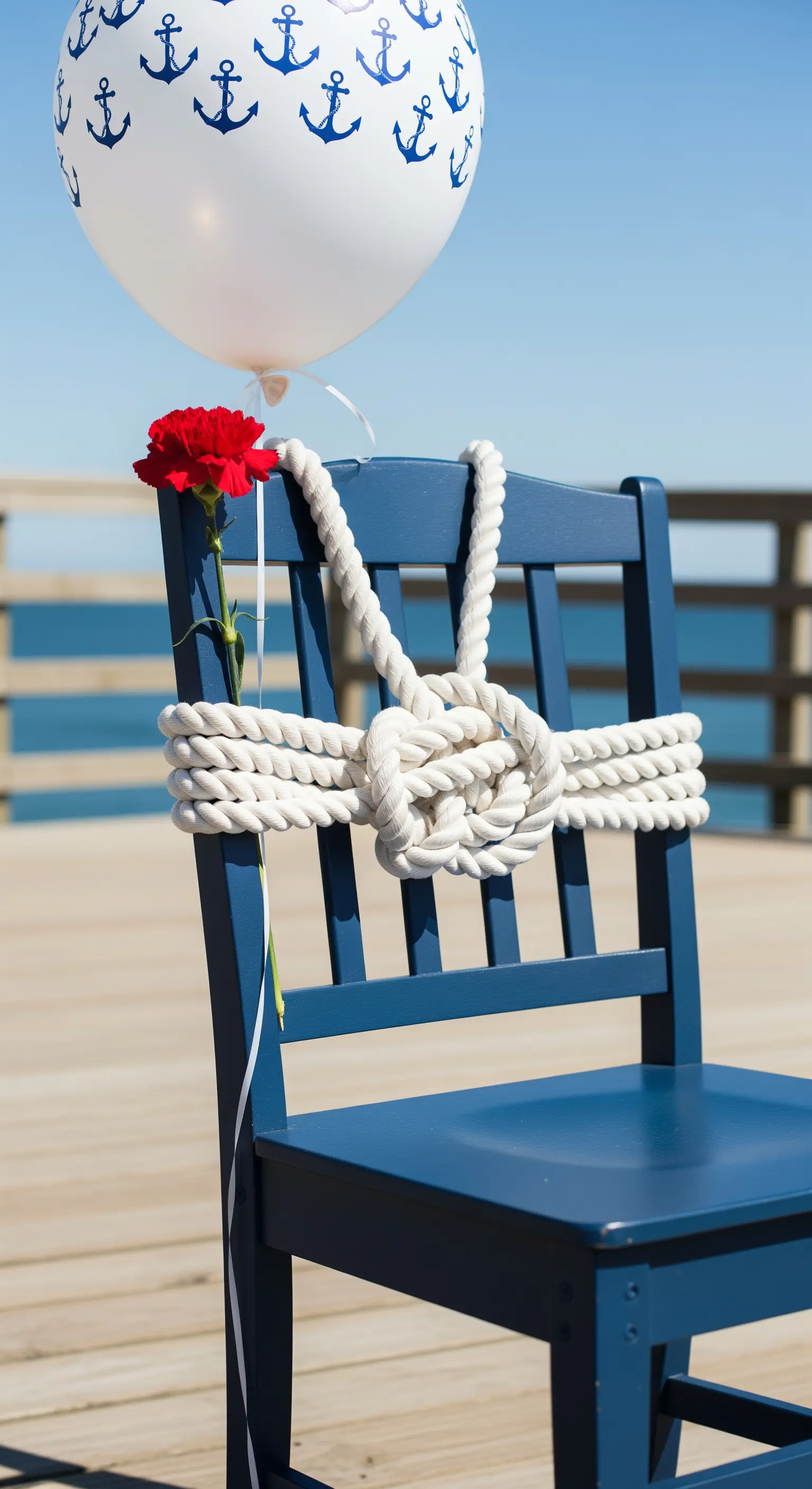 Sedia blu con una corda annodata a tema nautico e un garofano rosso.