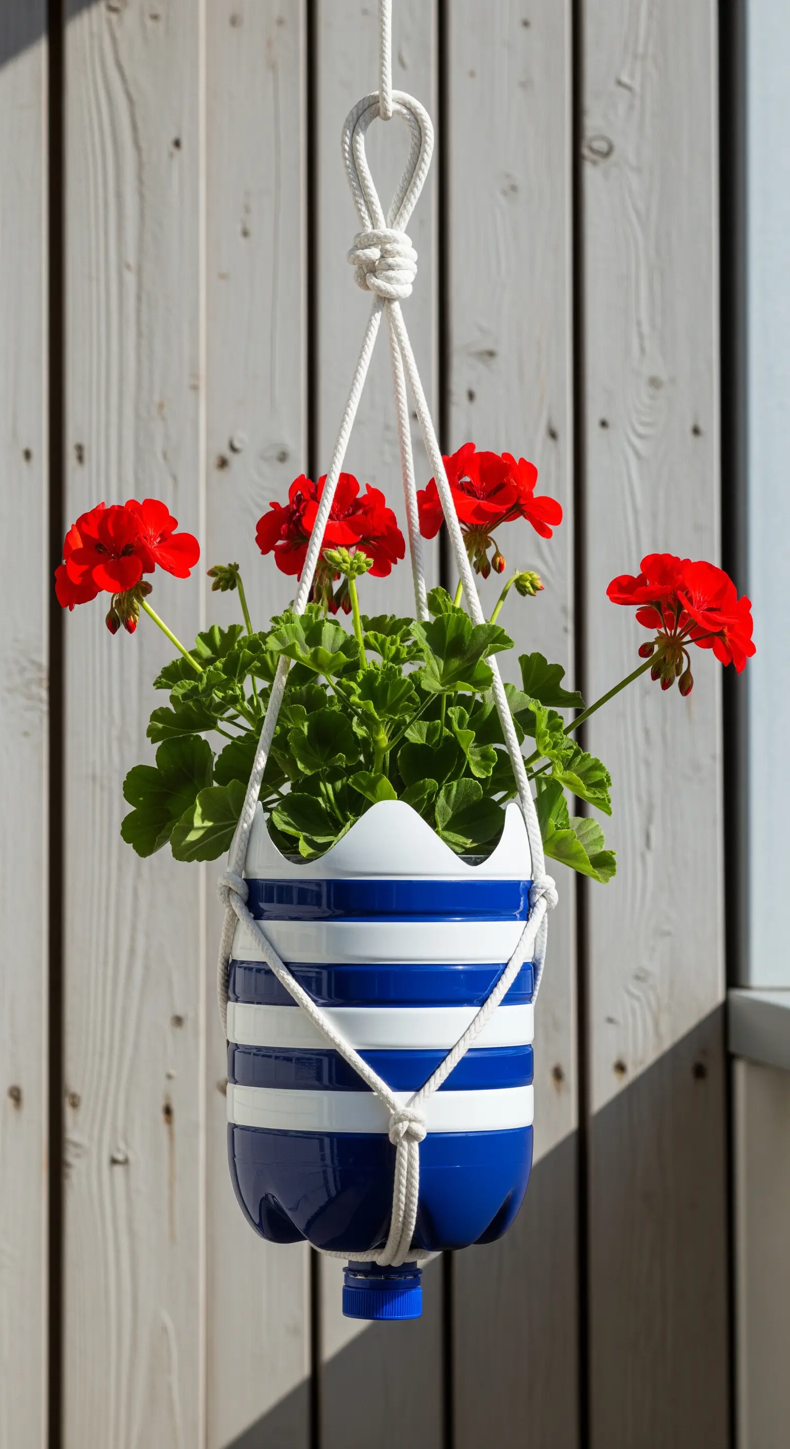 Fioriera sospesa dipinta con righe bianche e blu in stile nautico, riempita di gerani rossi.