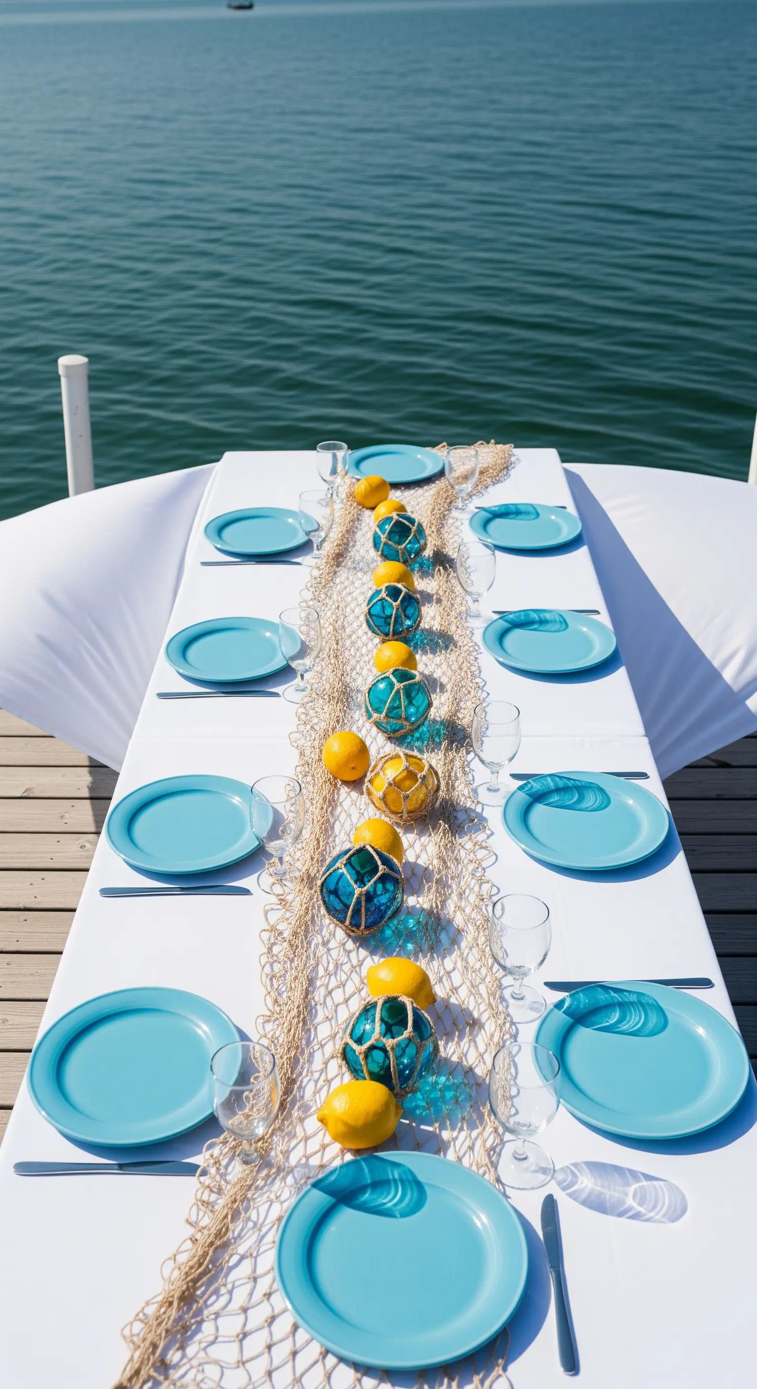 Tavola su un molo con un runner di rete da pesca, galleggianti in vetro e limoni.