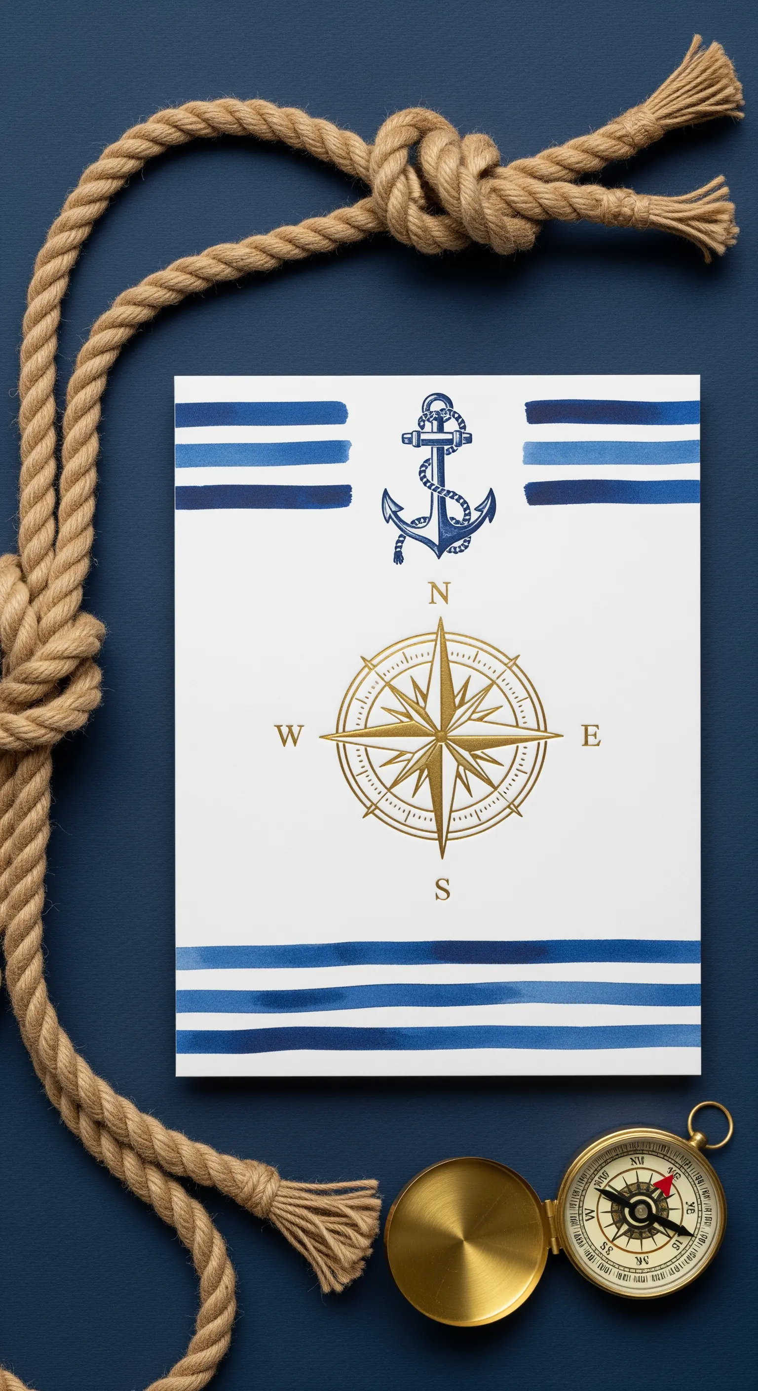 Invito in stile marinaro con righe blu dipinte, bussola dorata e ancora in rilievo.