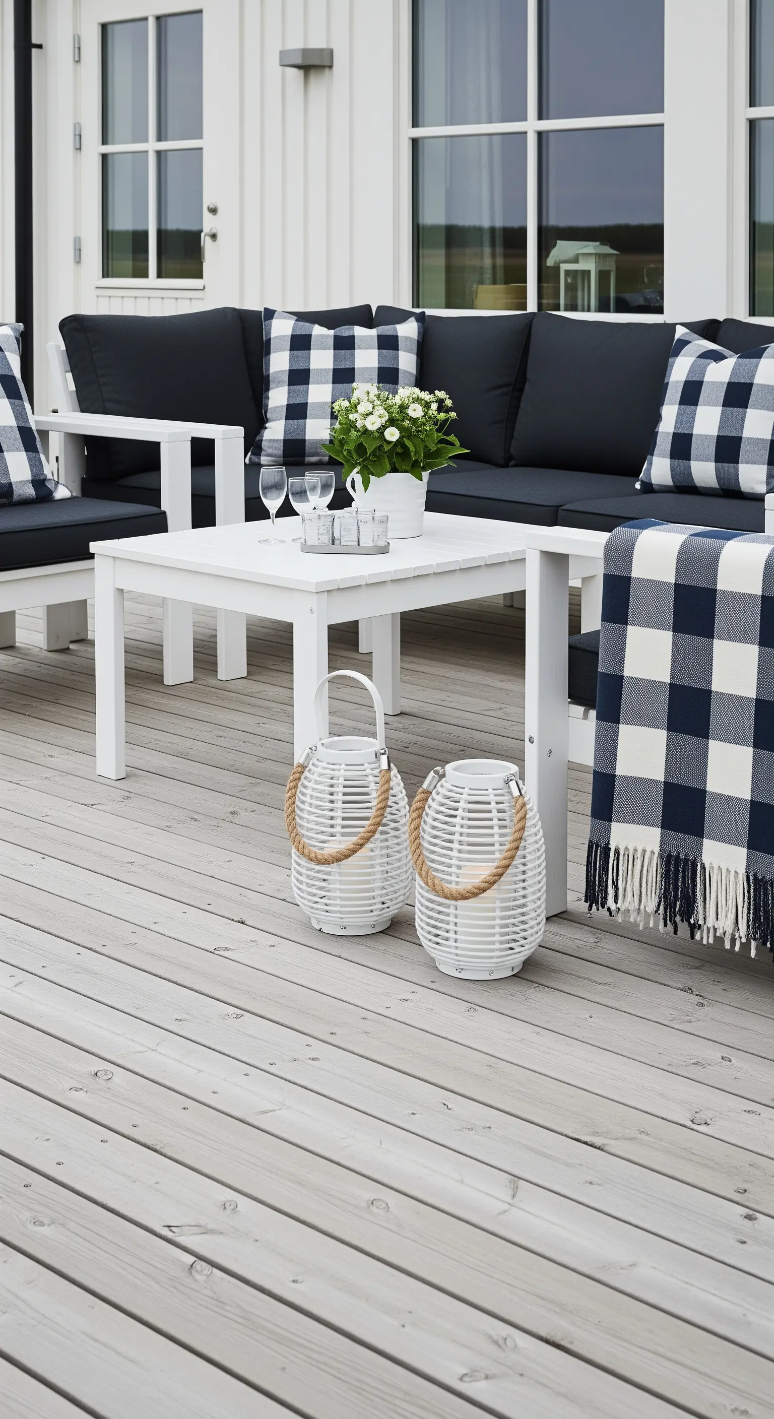 Salotto da esterno bianco con cuscini e plaid a quadri blu, su un patio in legno grigio.