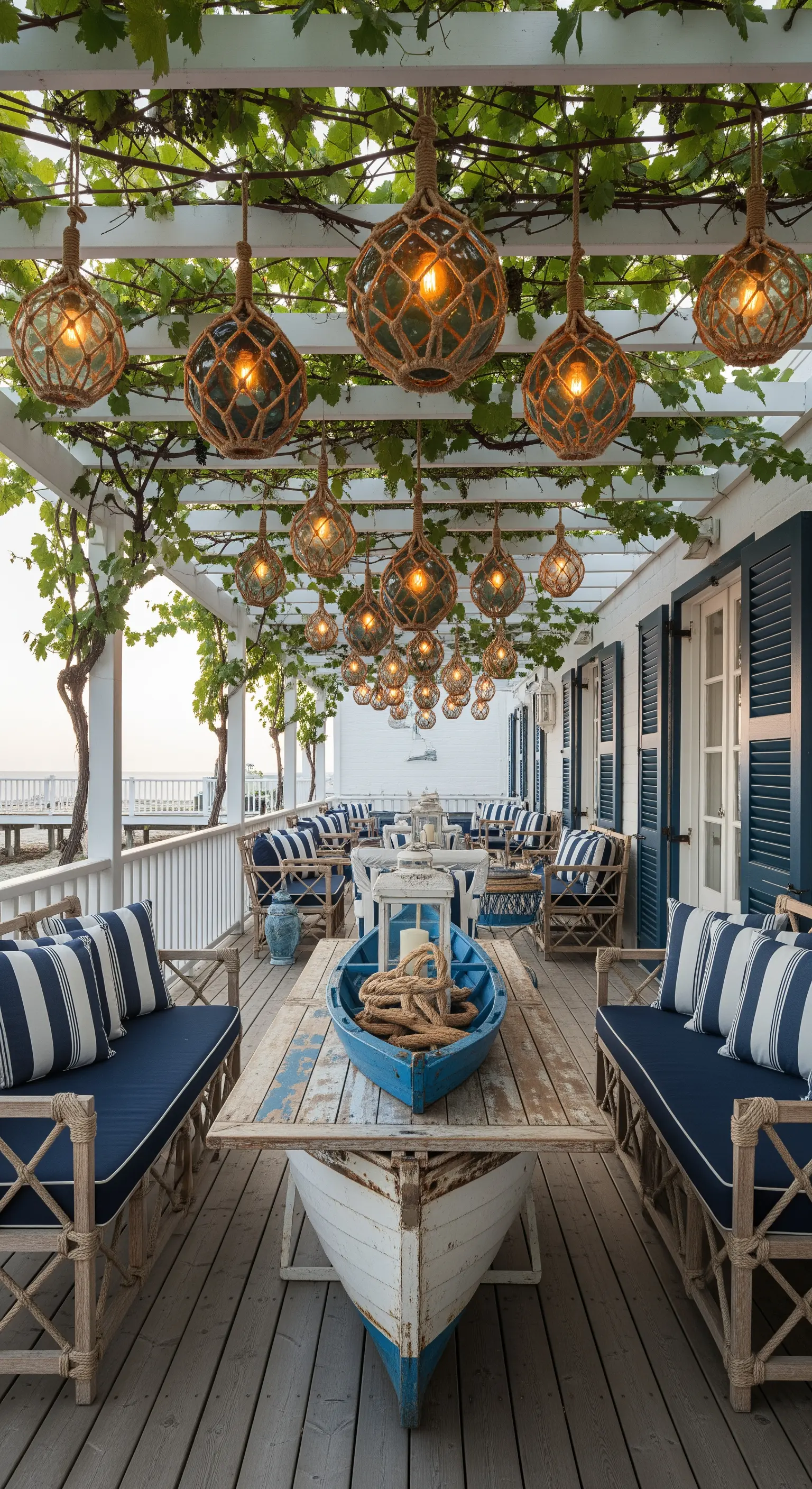 Veranda in stile nautico con lampade a boa, tavolo a forma di barca e cuscini a righe