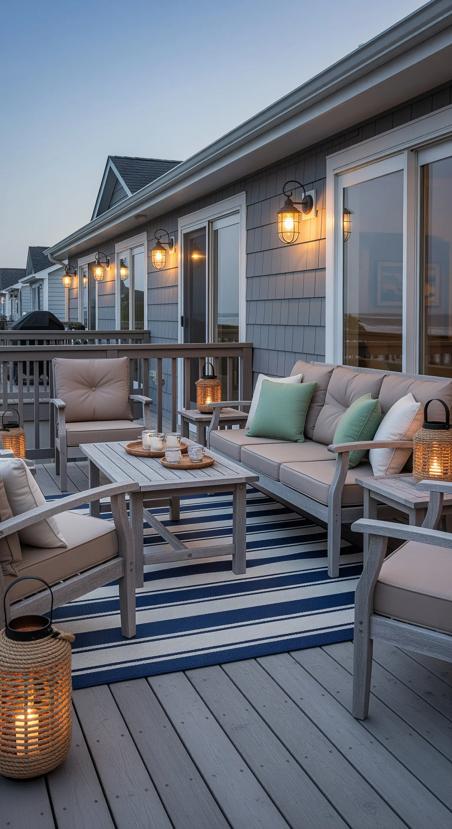 Terrazza in legno con arredi grigi, cuscini neutri e un tappeto a righe blu e bianche.