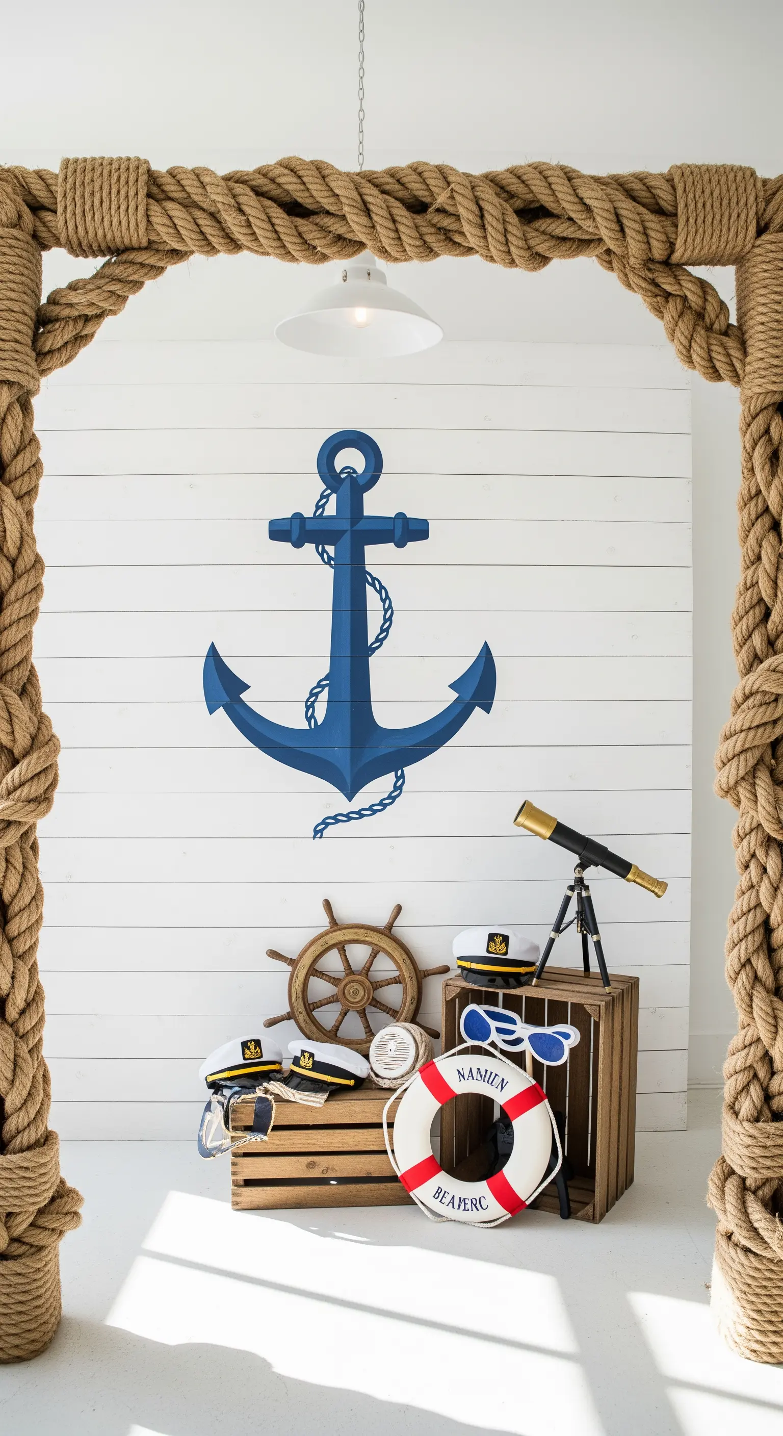 Photo booth a tema nautico con sfondo bianco a listelli, cornice di corda e accessori da marinaio.