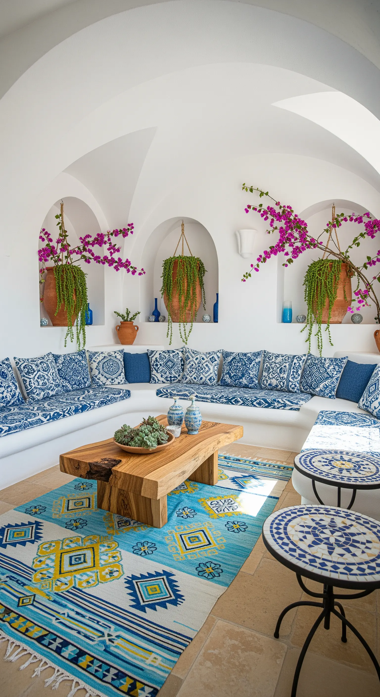 Salotto in stile greco con sedute in muratura, nicchie con piante e un vivace tappeto blu e giallo.
