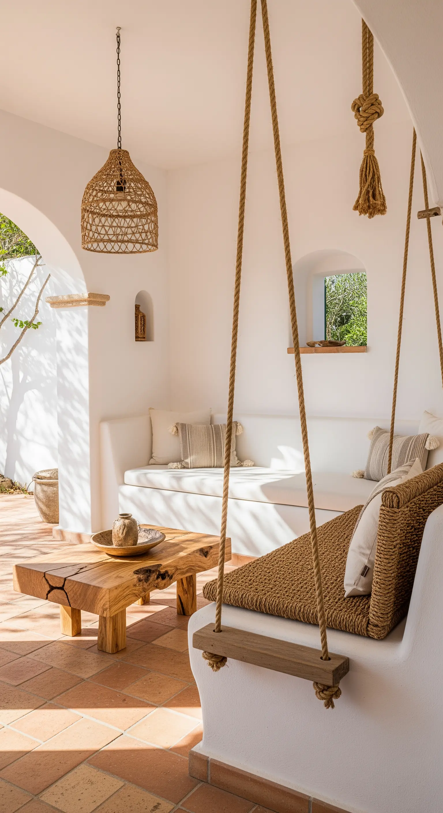 Seduta sospesa in corda che estende una panca in muratura in un patio mediterraneo.